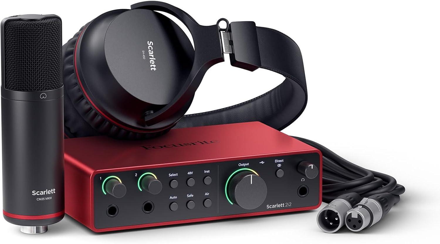 Audiosavings Bundle: Focusrite Scarlett 2i2 Studio 4th Gen Recording Interface Bundle with Rockville RHPA4 4 Ch Headphone Amp+RCM SR Microphone+PRO-M50 SR Headphone+(2) DMS40 40