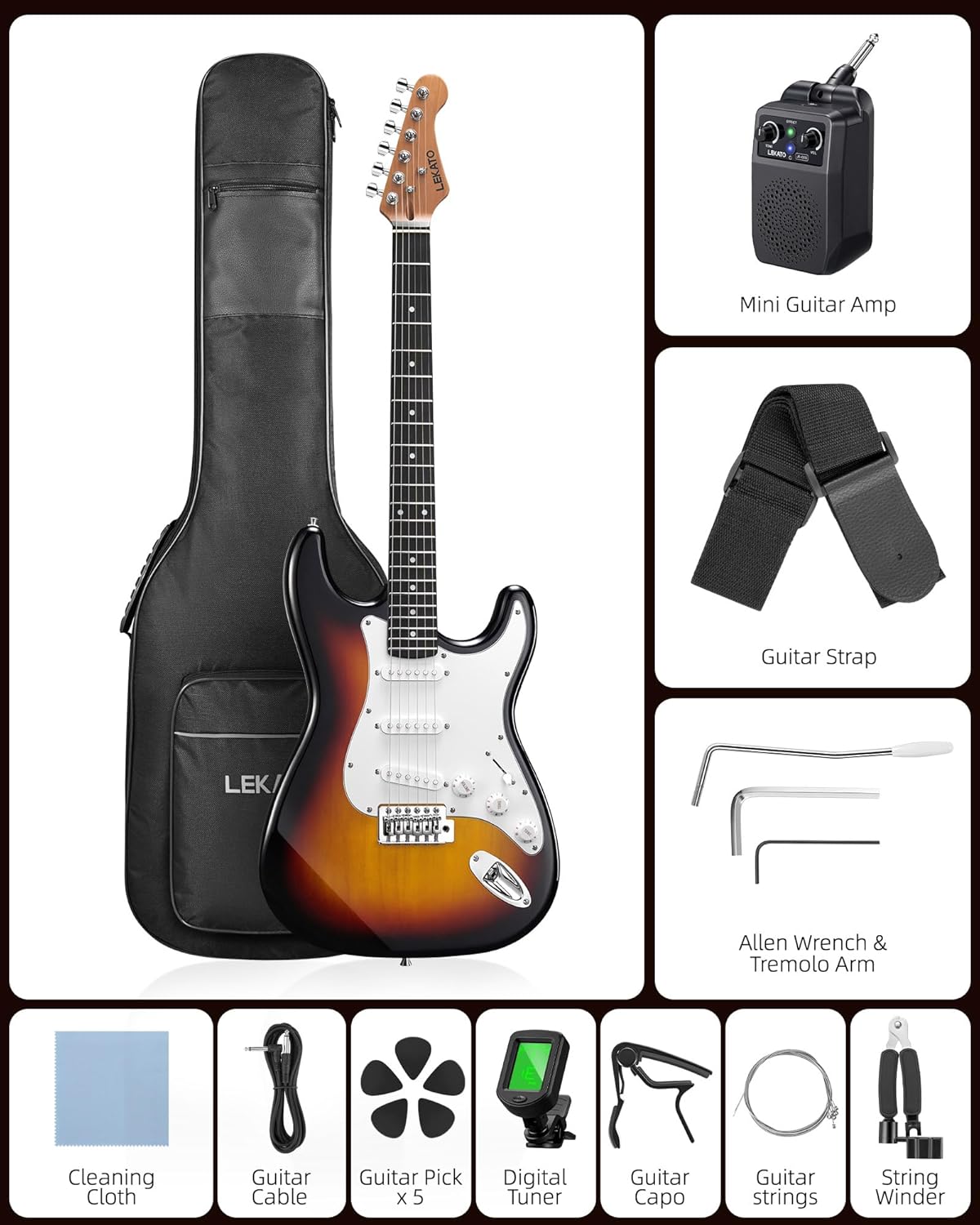 LEKATO Beginner Electric Guitar Kit Solid Body 39 Inch Full Size Guitar SSS for Starter with 5w Plug-in Amp, Bag, Tuner, Capo, Shoulder Strap, Picks, String, String Winder&Cutter - Sunburst