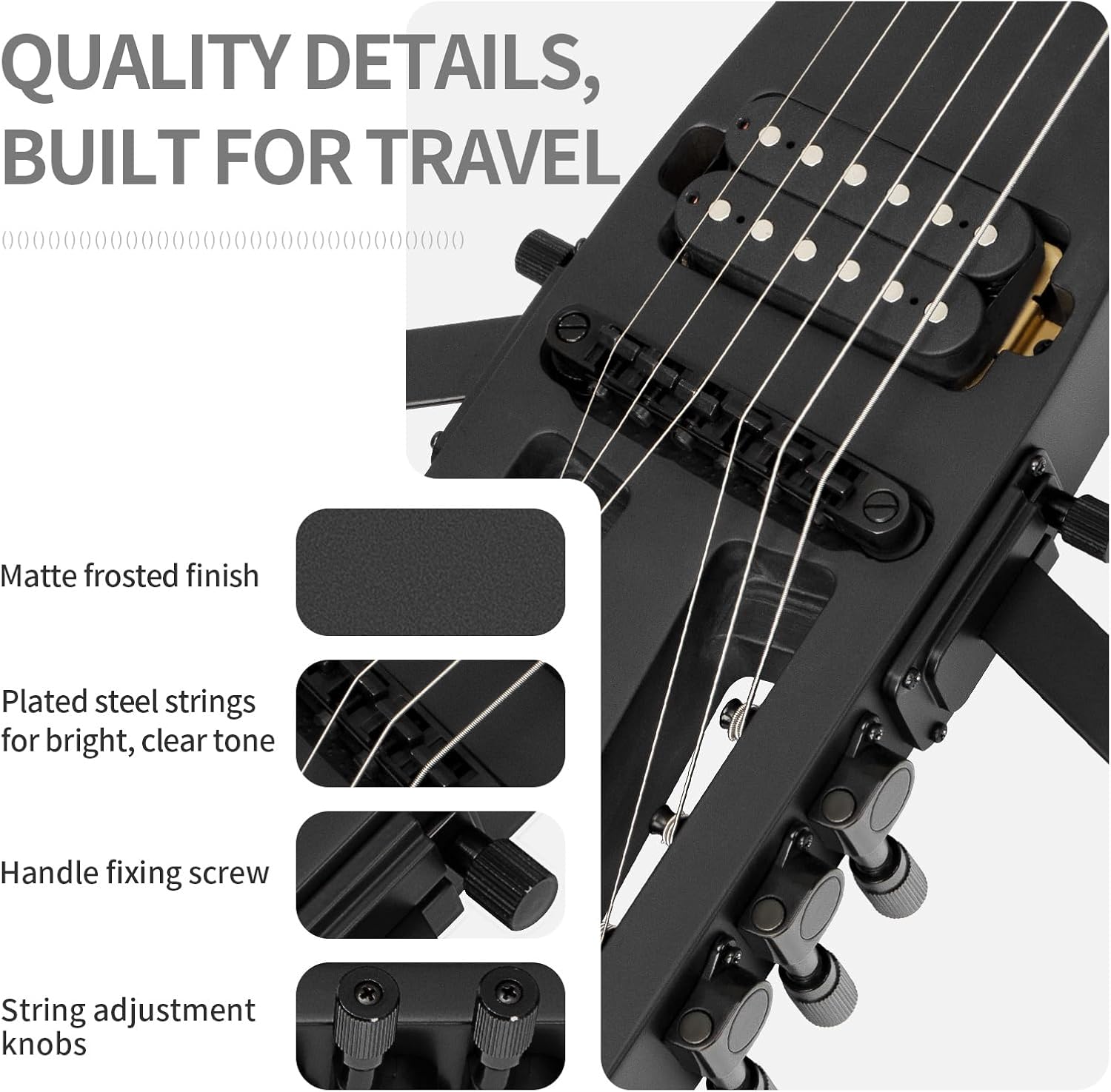 Travel Electric Guitar Headless – Portable Ultra-Light and Quiet, Full-Scale 25.5” Rosewood Fingerboard, Glow Humbucker, Gig Bag, Removable Stands for Left and Right Black