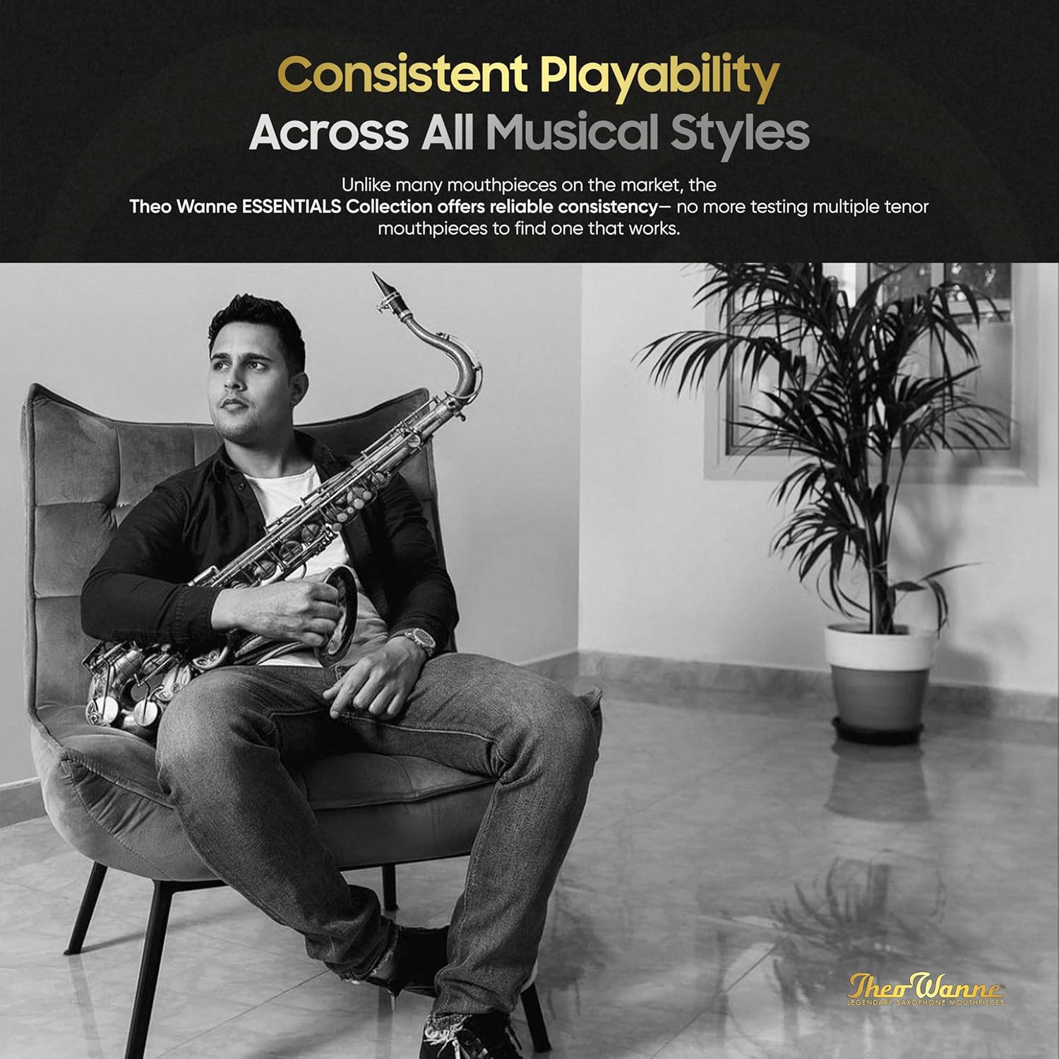 Theo Wanne Essentials Collection Concert Tenor Saxophone Mouthpiece with Medium Chamber, Concave S Baffle & Standard Hard Rubber Ligature for Classical & Wind Ensemble Playing - Size 5 (.080