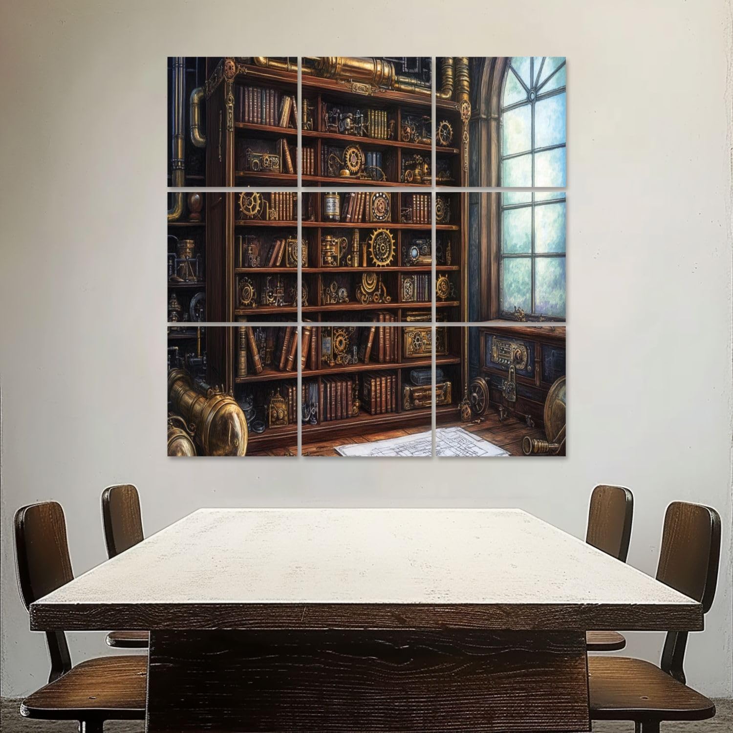 Art Acoustic Panels Self Adhesive Vintage Liry Bookshelf Brass Gears Mechanical Books 9 Packs Decorative Soundproof Wall Panels Large Sound Absorbing Panels for Home Office 60