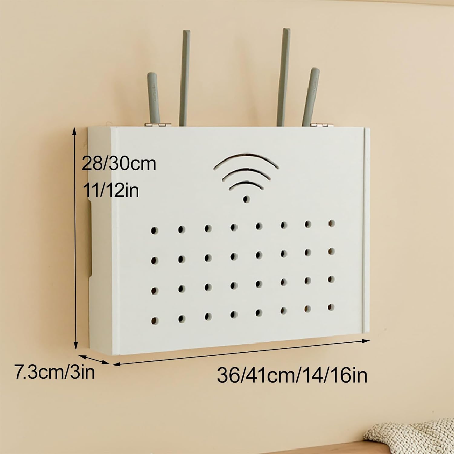 WiFi Router Hidden Box, Wooden WiFi Router Storage Box, Projector Shelf, Large Space Modem Cable Organizer, with Ventilation & Cord Management, for Bedroom Living Room(White1,41x7.3x30cm/16x3x12in)