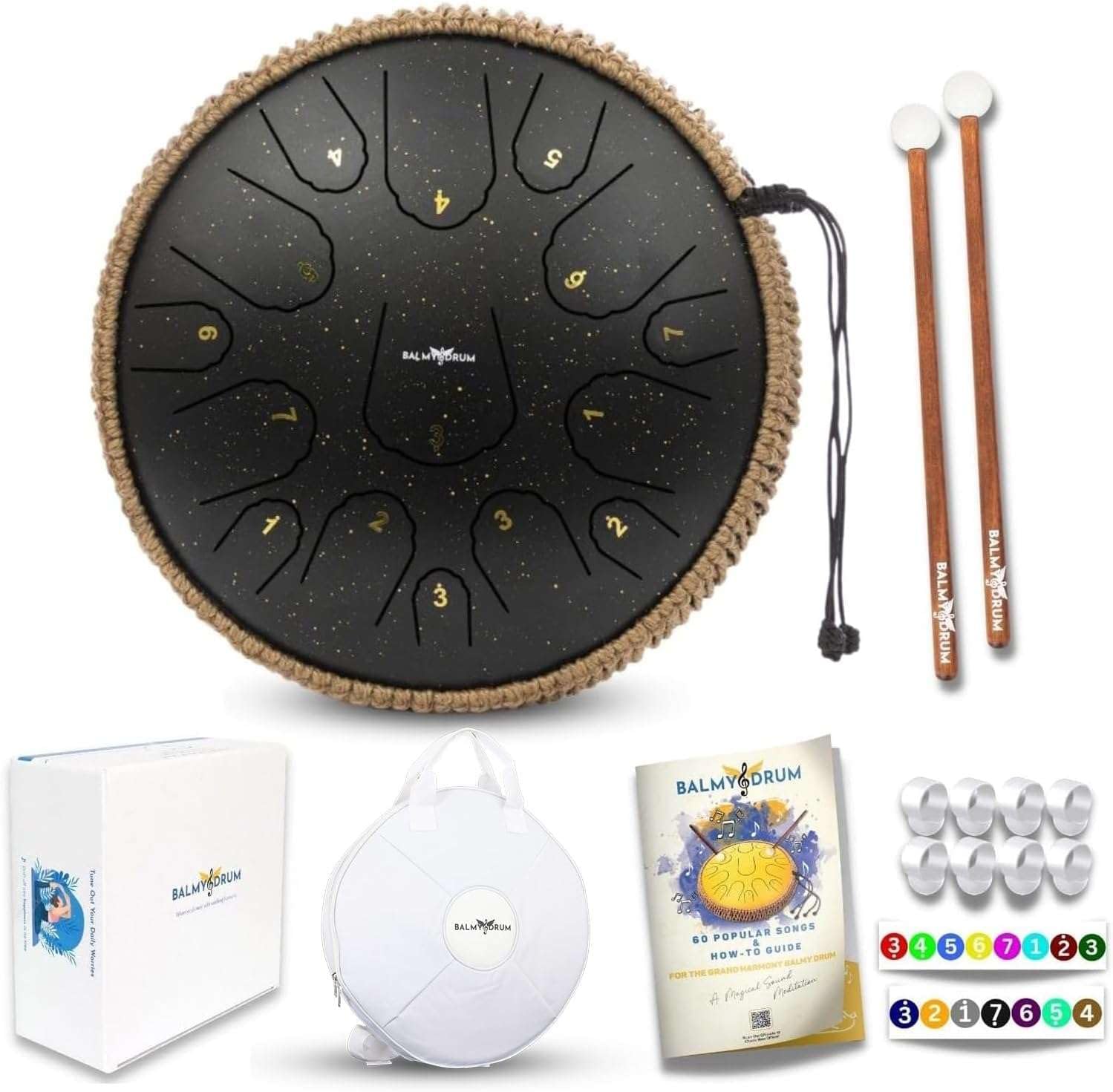 The Balmy Drum - Steel Tongue Rain Drum Outside 15 Note 14 Inch (Black) - Chakra Drum for Rain Outdoor, Steel Drums for Adults, Tongue Drums Set with Music Book, Hand pan, Mallet and Carry Bag