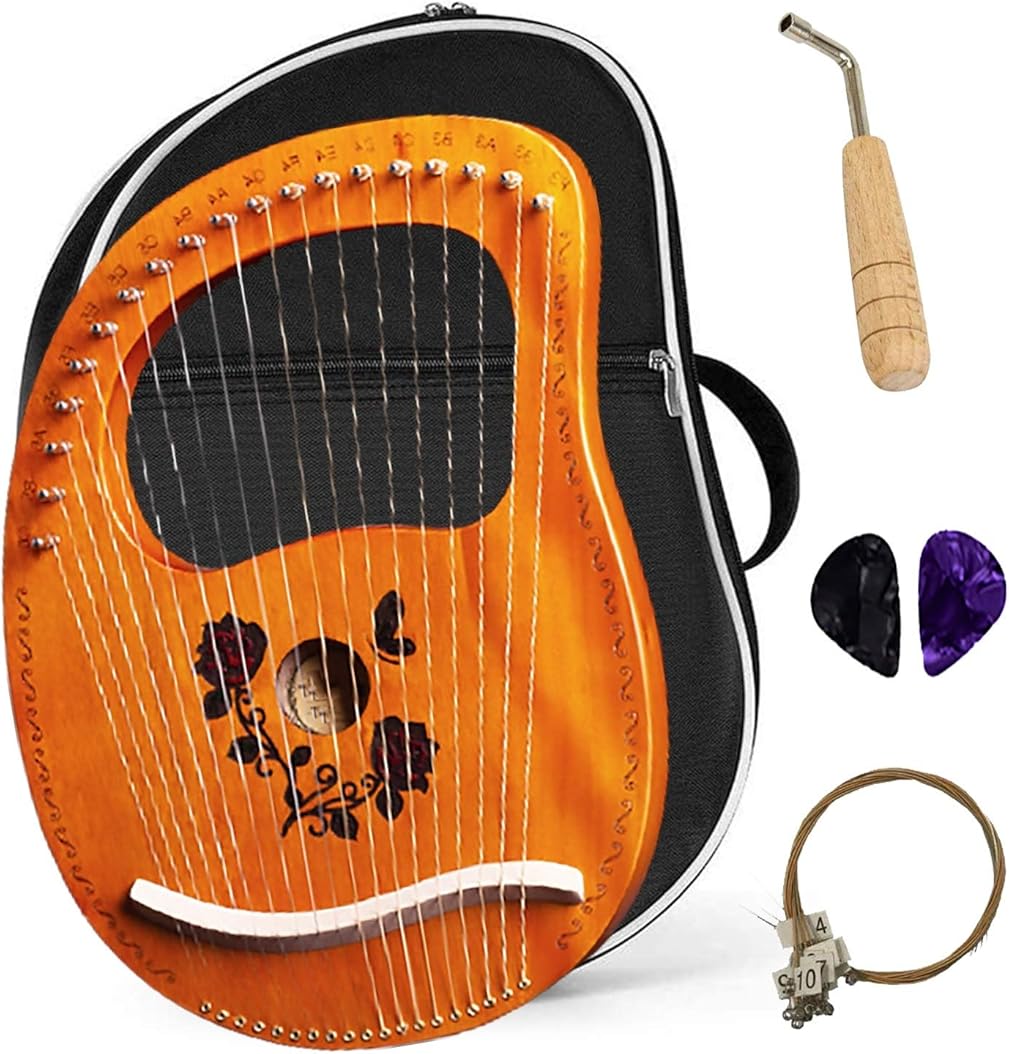 Lyre Harp 19 String Solid Wood String Instrument Heptachord Mahogany with Tuning Wrench, Picks and Bag, Best gift for Beginners Music Lovers (Color : F)