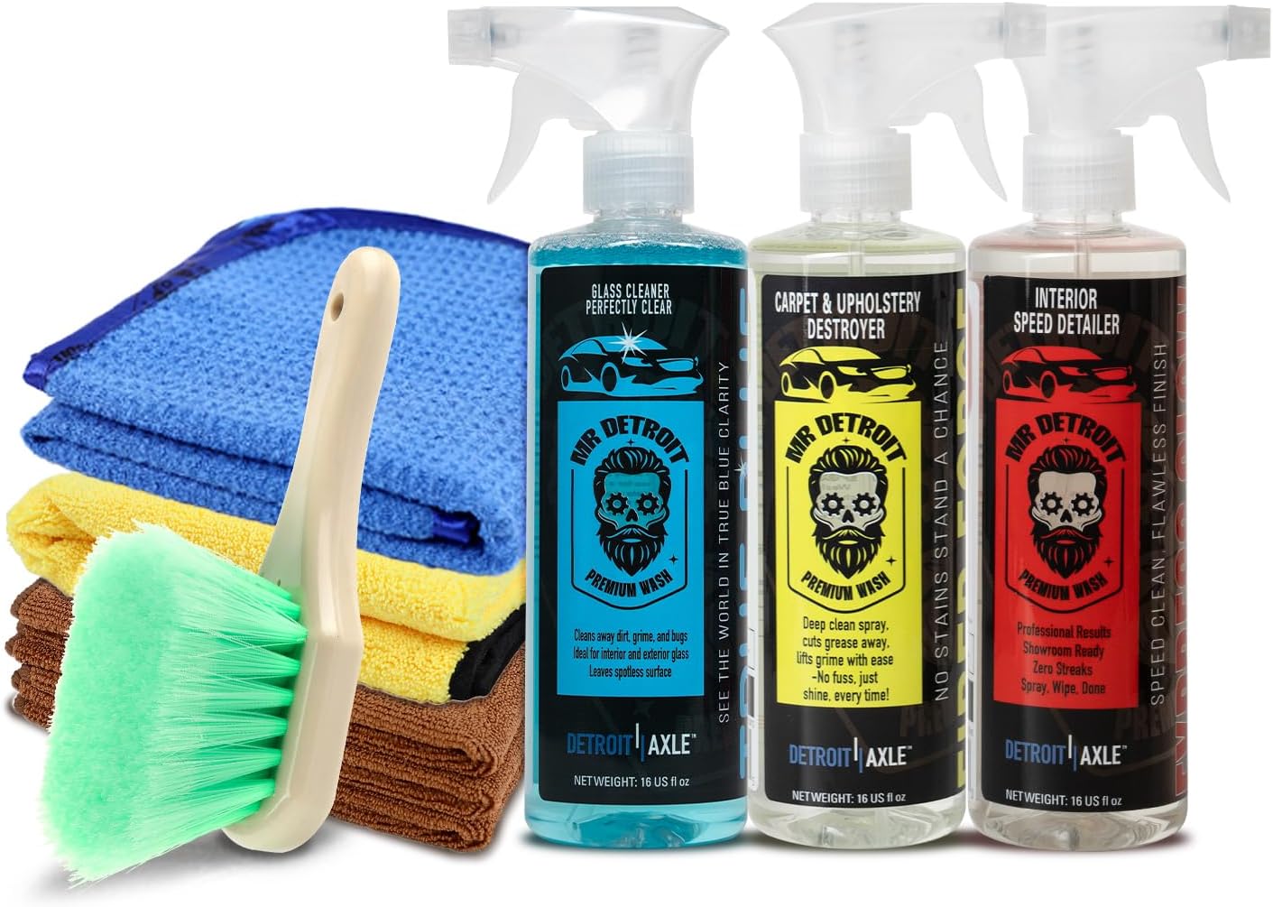 Mr. Detroit - 7pc Interior Cleaning Kit Microfiber Towel, Glass Cleaner with Sprayer, Brush with PVC Bristles, 16oz Carpet & Upholstery Cleaner, Interior Speed Detailer Wheel & Body