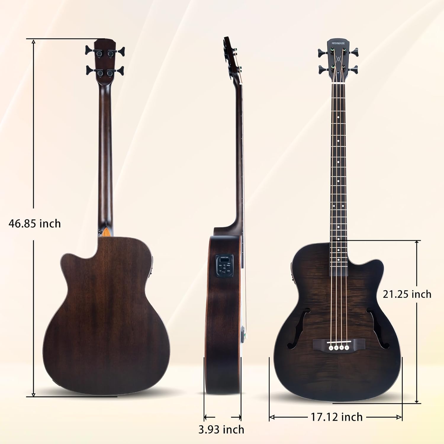 WISHMADE Electric Bass Guitars With F-Holes, Acoustic Bass Guitar For Beginners, Flamed Maple Top With Gig Bag (BLB-400-BK)