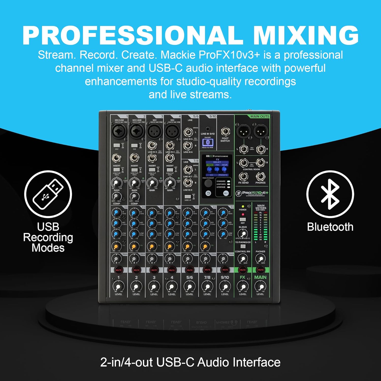 Mackie ProFX12v3+ 12-Channel Mixer with Effects and Bluetooth Bundle with 4 XLR Cables and Closed-Back Studio Mixing Headphones