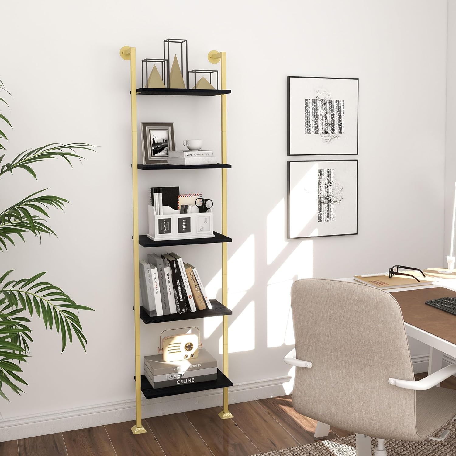 Axeman 5-Tier Ladder Bookcase, Tall Narrow Bookshelf for Small Spaces, Modern Book Storage Organizer Case Open Shelves for Bedroom, Living Room, Office, Library, Gold Metal Frame and Blakc Shelf