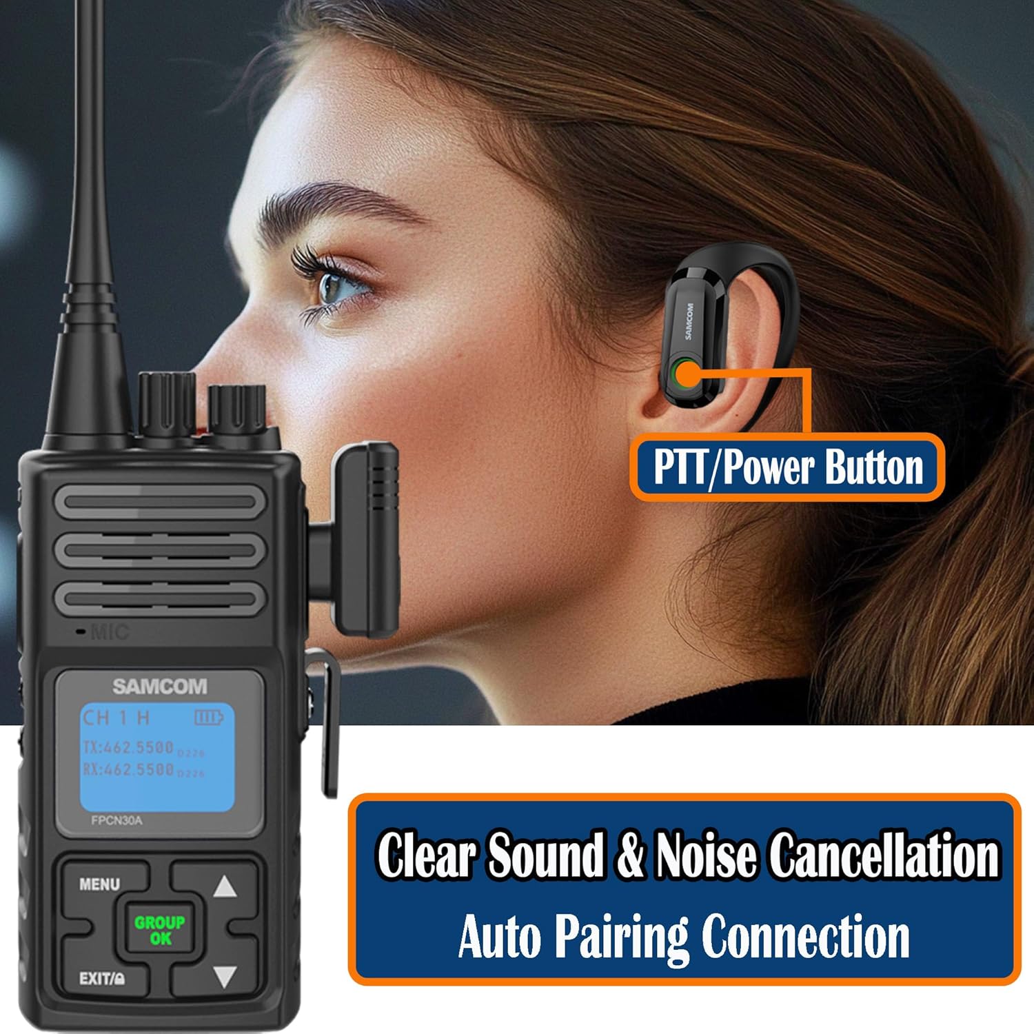 SAMCOM BTEAR -02 Wireless Radio Earpiece with 2 Pin K Head Dongle, Wireless Headset with Mic PTT for FPCN10A/FPCN30A Walkie Talkie (Radios Not Included)