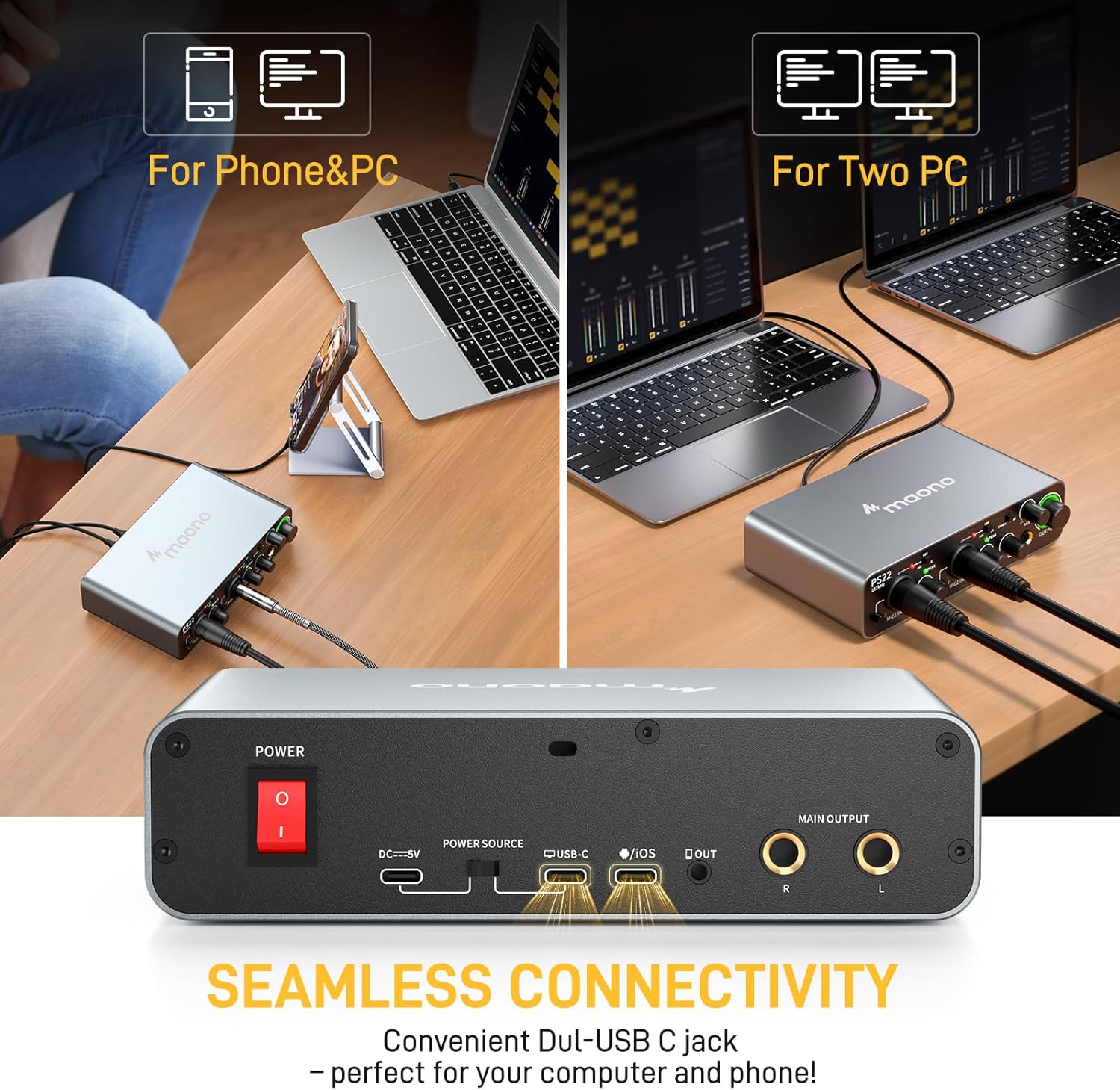 MAONO USB Audio interface for PC with 60 dB Pro-preamp, 24bit/192kHz, Dual USB interface for PC&Smartphone, Routing Software for Home Recording, Music Production, Guitar, Podcast, Streaming(PS22)