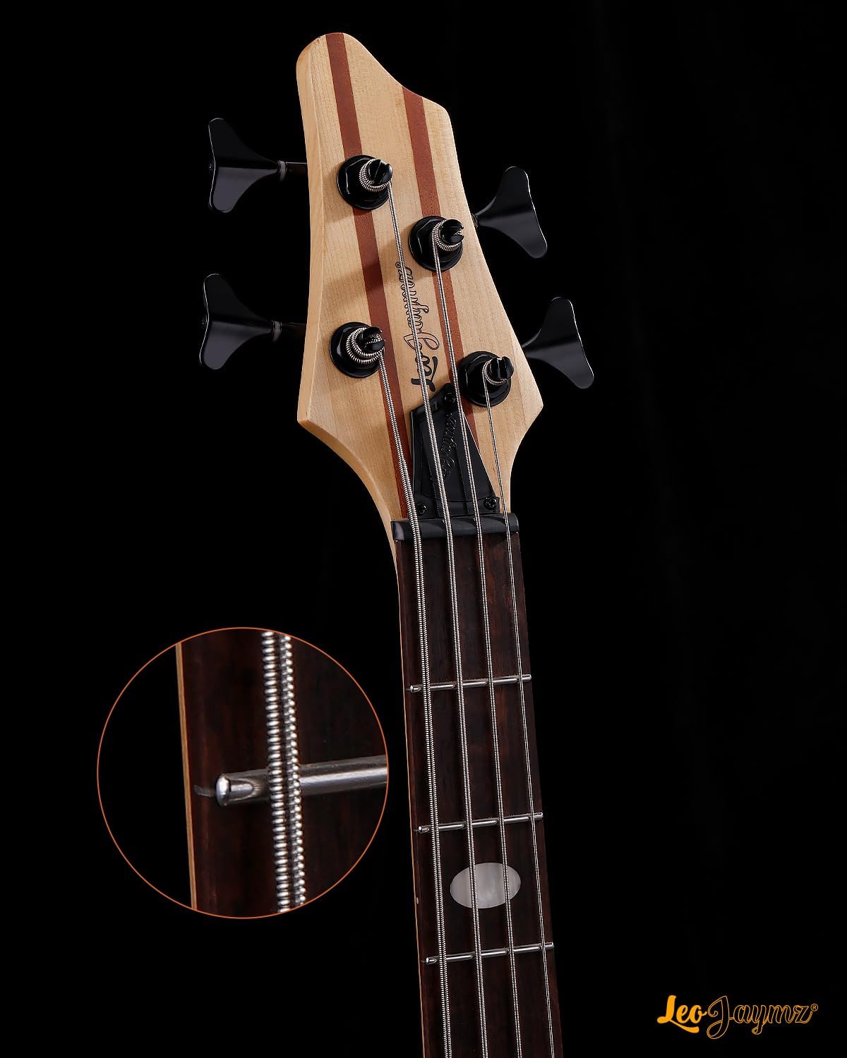 Leo Jaymz Solid Body 4-String Bass Guitar, Solid ASH Body with Maple and Sapele Neck, Laurel Fingerboard, Dual Humbucker Pickups, 34-Inch Scale, 24 Stainless Steel Frets for Studio & Live Performance