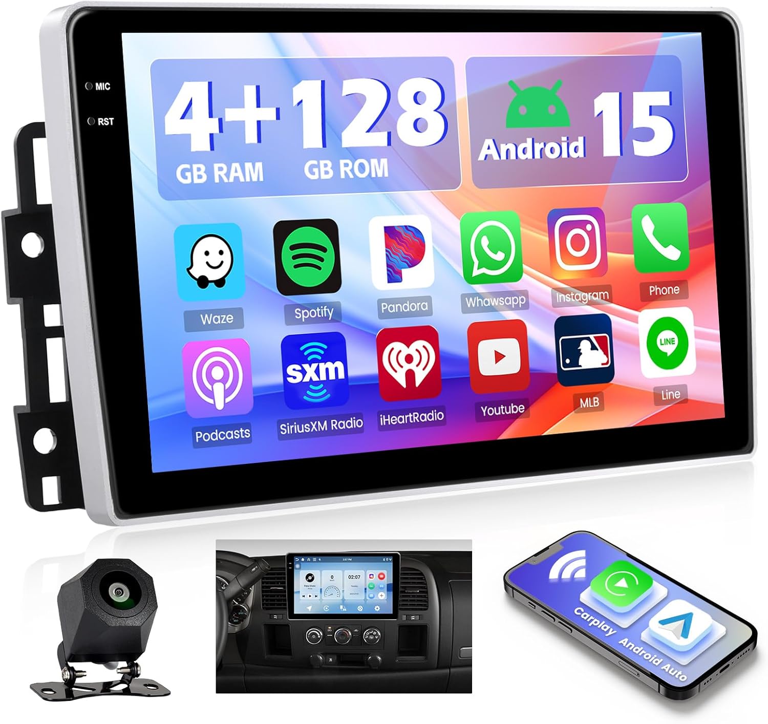 [4+128G] Hikity Android Car Stereo for Chevrolet Chevy Silverado 2007-2012, 10” Incell Touchscreen Radio CarPlay/Android Auto, Bluetooth, GPS Navigation, WiFi, FM/RDS + AHD Backup Camera