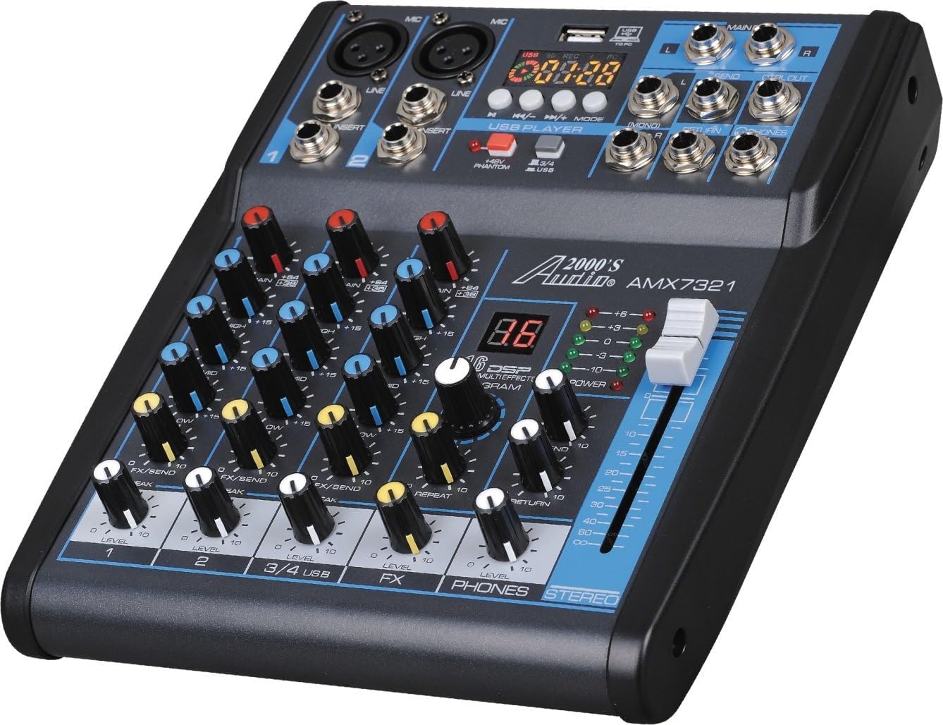 Audio2000'S AMX7321 Professional Four-Channel Audio Mixer with Built-In USB Interface to Computer for Recording and Music Playing Applications