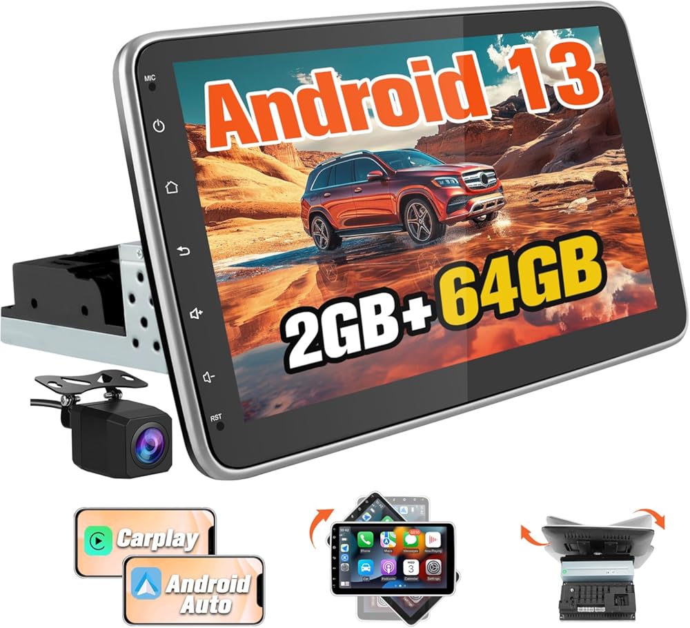 Android 13 4-Core 2GB+64GB Single Din Car Stereo, 10.1 Inch Floating Touchscreen Car Radio with Wireless CarPlay & Android Auto/Mirror Link/Wi-Fi/FM/USB, Support SWC/Backup Camera (Included)