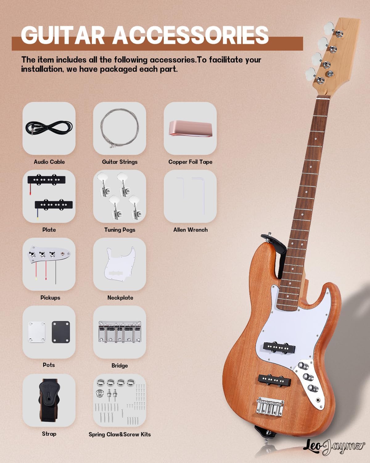 Leo Jaymz DIY Electric Bass Guitar Kits - Mahogany Body, Roasted Maple Neck and Laurel Wood Fingerboard - Fully Components Included (JB)