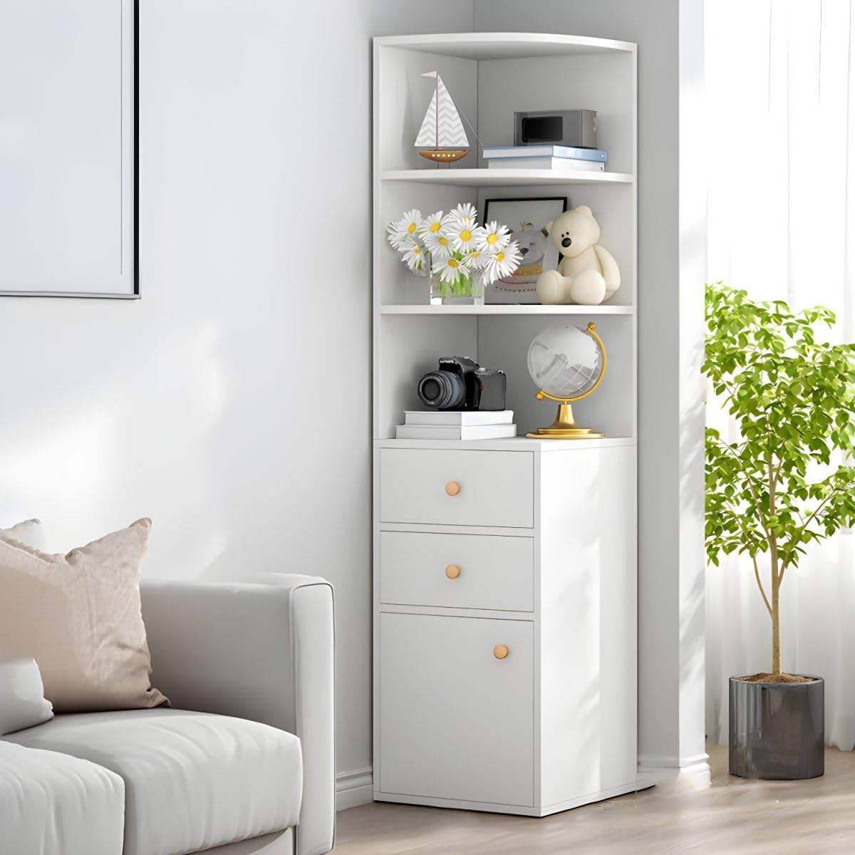 KWOKING Closed Wooden Bookcase Study Corner Bookshelf Cabinet Corner Shelf Triangular Corner Cabinet Corner Multifunctional Drop Cabinet Storage Cabinet White With 2 Drawers 15.7