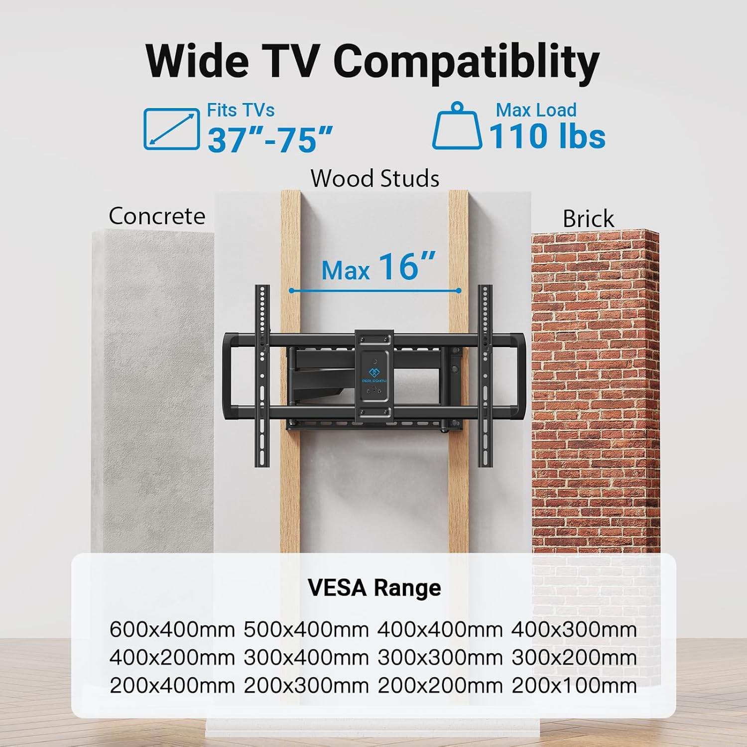 PERLESMITH Long Arm TV Wall Mount Full Motion for 37-75 inch TVs, Corner TV Mount Bracket with 27.36-inch Articulating Long Extension Arm, Swivel&Tilt, Max VESA 600x400mm up to 110lbs, 16