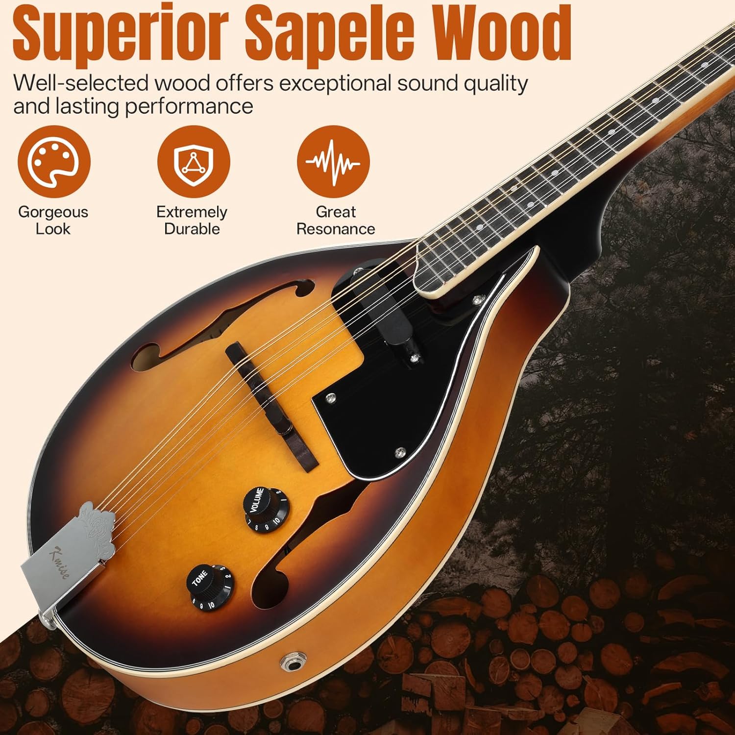 Mandolin Instrument A Style, Electric Acoustic Mandolins Instrument Kit 8 String with Tuner Strap Gig Bag Chord Chart for Beginners Adults Teens Youth Kid(A String Electric Mandolin, 8 String)