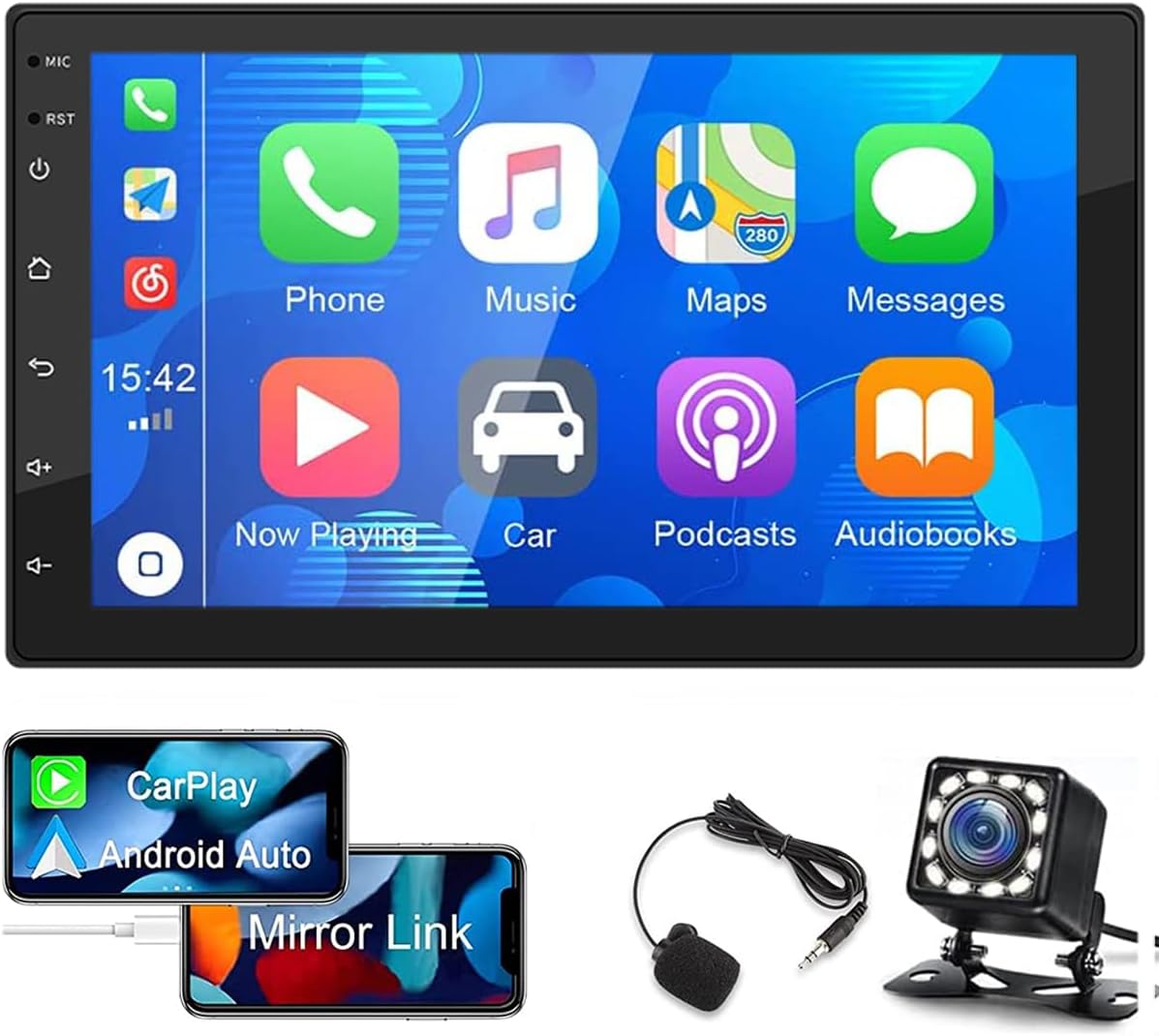7 inch Double Din Wireless CarPlay Android Auto Car Stereo, HD Touch Screen Android 11 1+16G Car Radio with GPS/WiFi/Mirror Link/SWC/Bluetooth/FM RDS Radio/Dual USB + Reverse Camera+ MIC