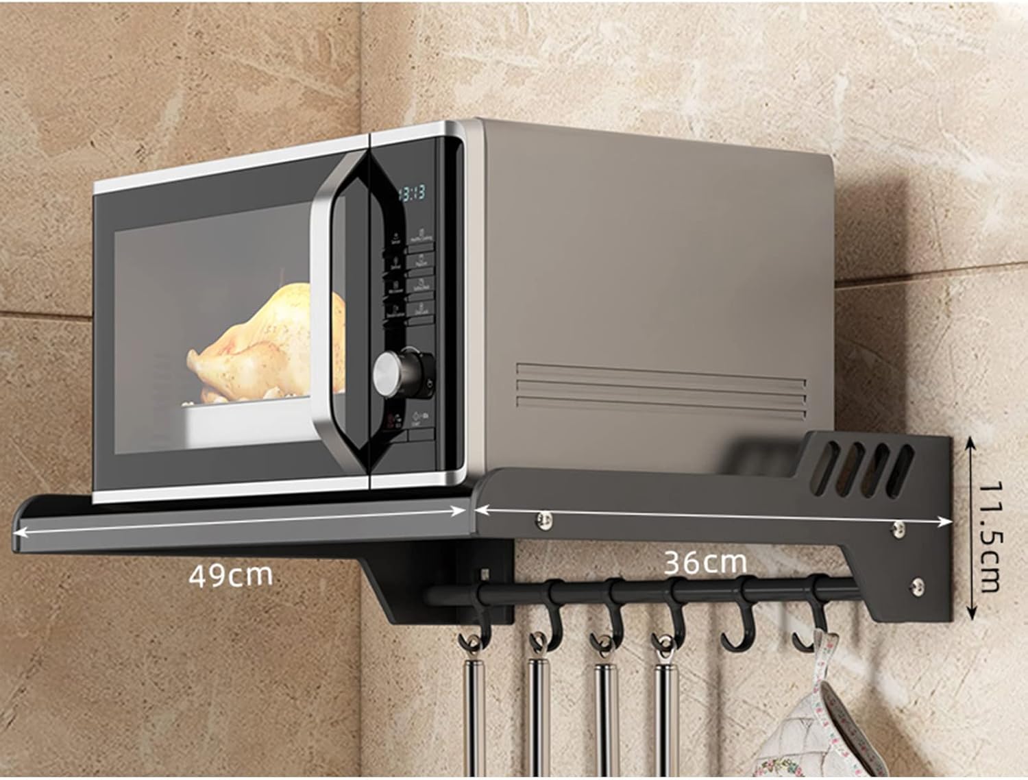 Commercial/Household Wall Mount Bracket Metal Shelving, Kitchen Spice Rack Microwave Oven Shelf with Hooks, Multifunctional Storage Stand Holder, Bathroom Organizer Shower Caddy Storage