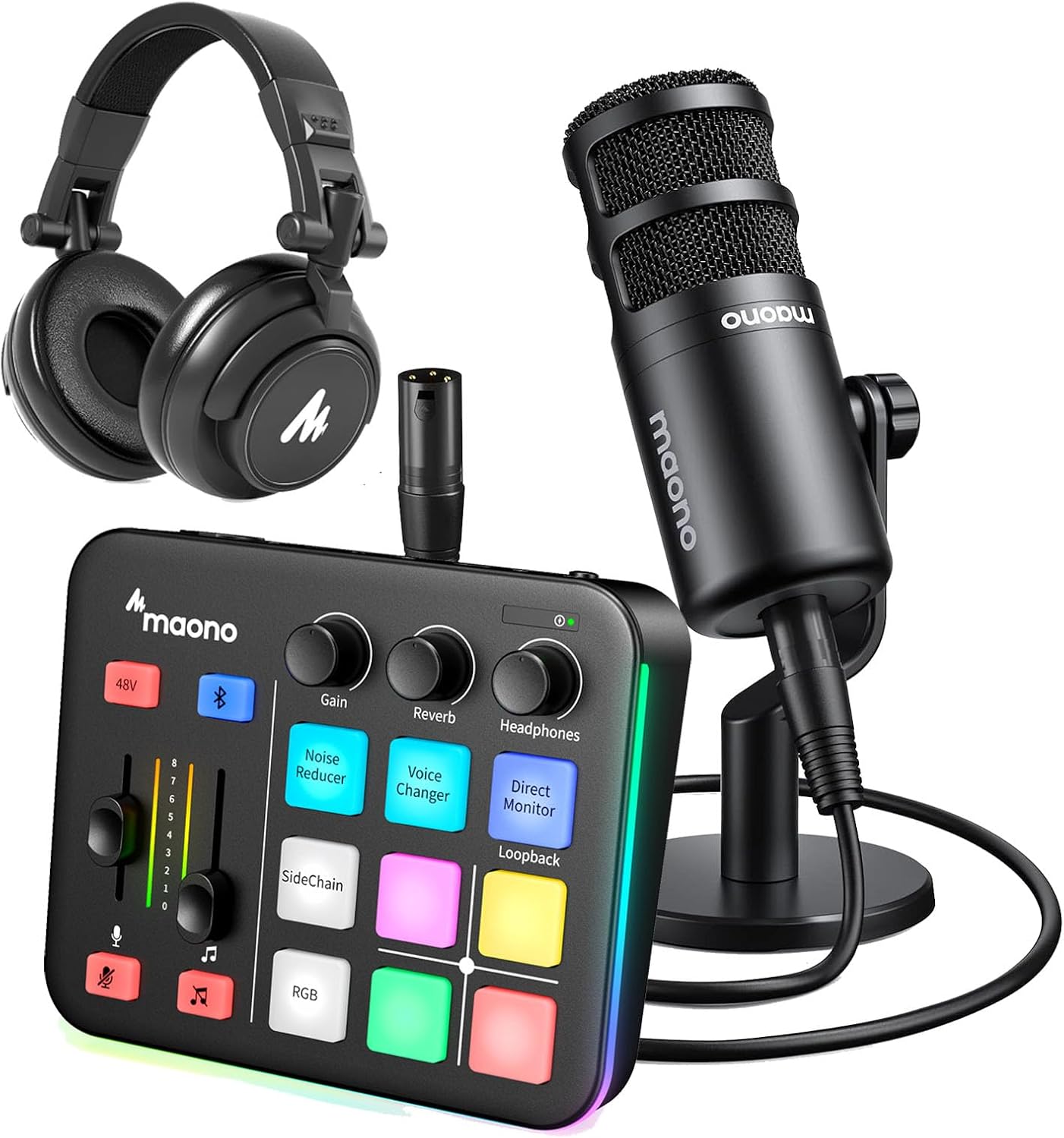 MAONO Gaming Audio Mixer & XLR Dynamic Microphone& Hadphone, Audio Interface with Pro-preamp, RGB, Bluetooth, 48V Phantom Power for Live Streaming, Podcasting, Content Create, Gaming