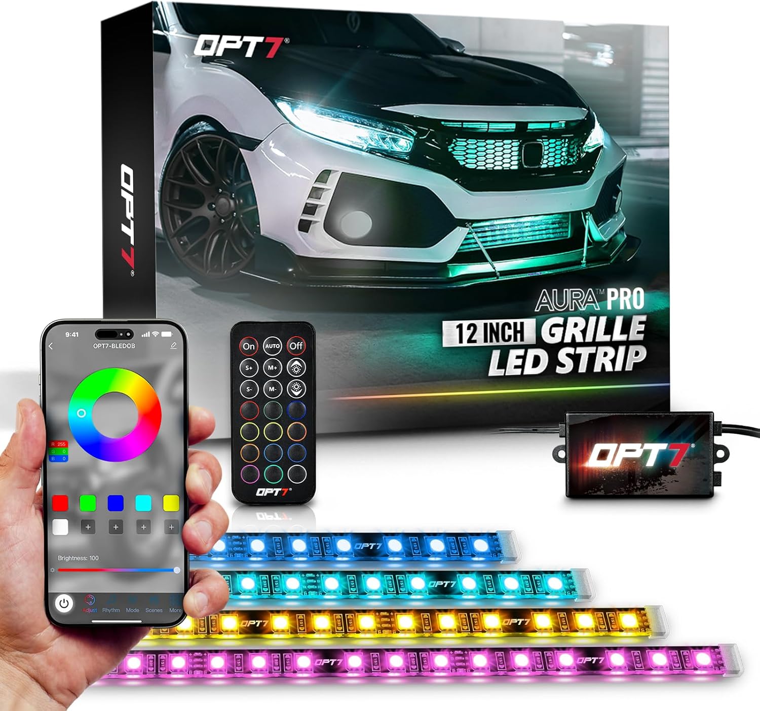 OPT7 Aura Pro RGB LED Grille Lights with App & Remote Control, 4pcs 12