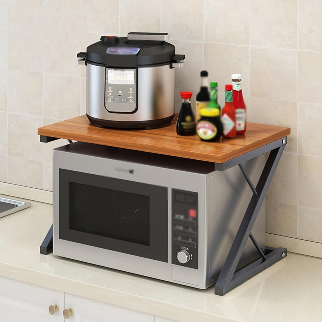 Double Kitchen Microwave Shelf Oven Rack Floor Standing Multifunction Condiment Bottles Bracket Metal 2 Layer, Kitchen Storage Corner Shelf Rack (Color : Brown)