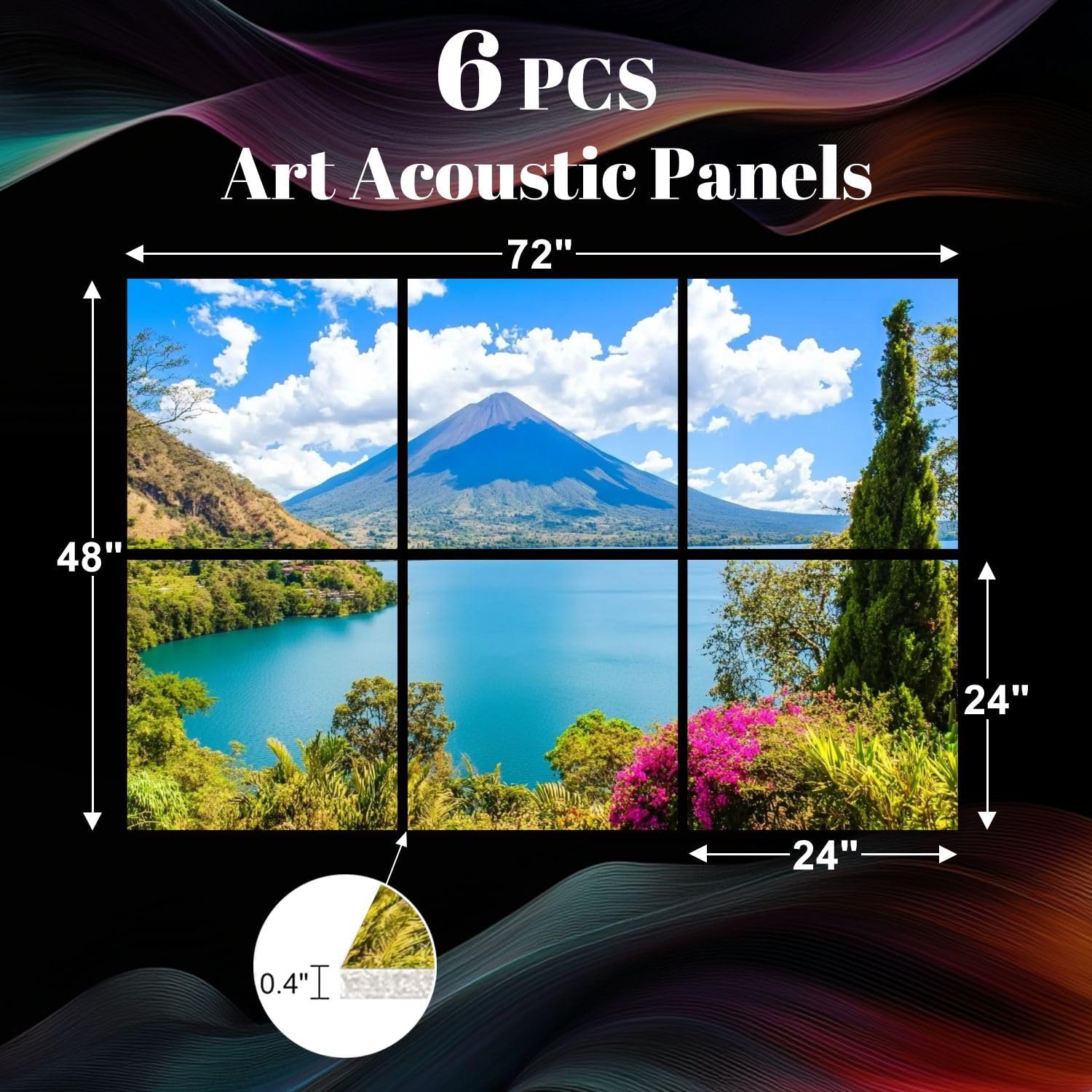 6 Pack Art Acoustic Panels Beautiful bay Lake Atitlan view to Volcano San highlands Guatemala Sound Absorbing Panel 48