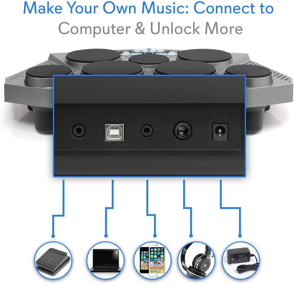 Pyle 7-Pad Digital Electric Tabletop Drum Machine Kit Bundle with Adjustable Heavy Duty Universal Laptop Stand
