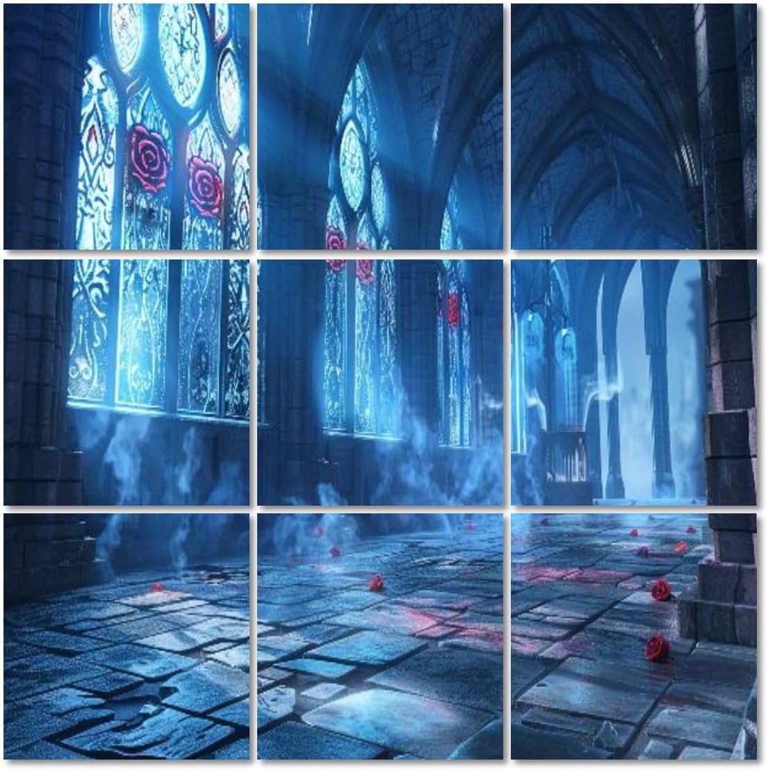 Art Acoustic Panels Self Adhesive Gothic Cathedral Rose Window Art Ethereal Blue Light 9 Packs Decorative Soundproof Wall Panels Large Sound Absorbing Panels for Home Office 60