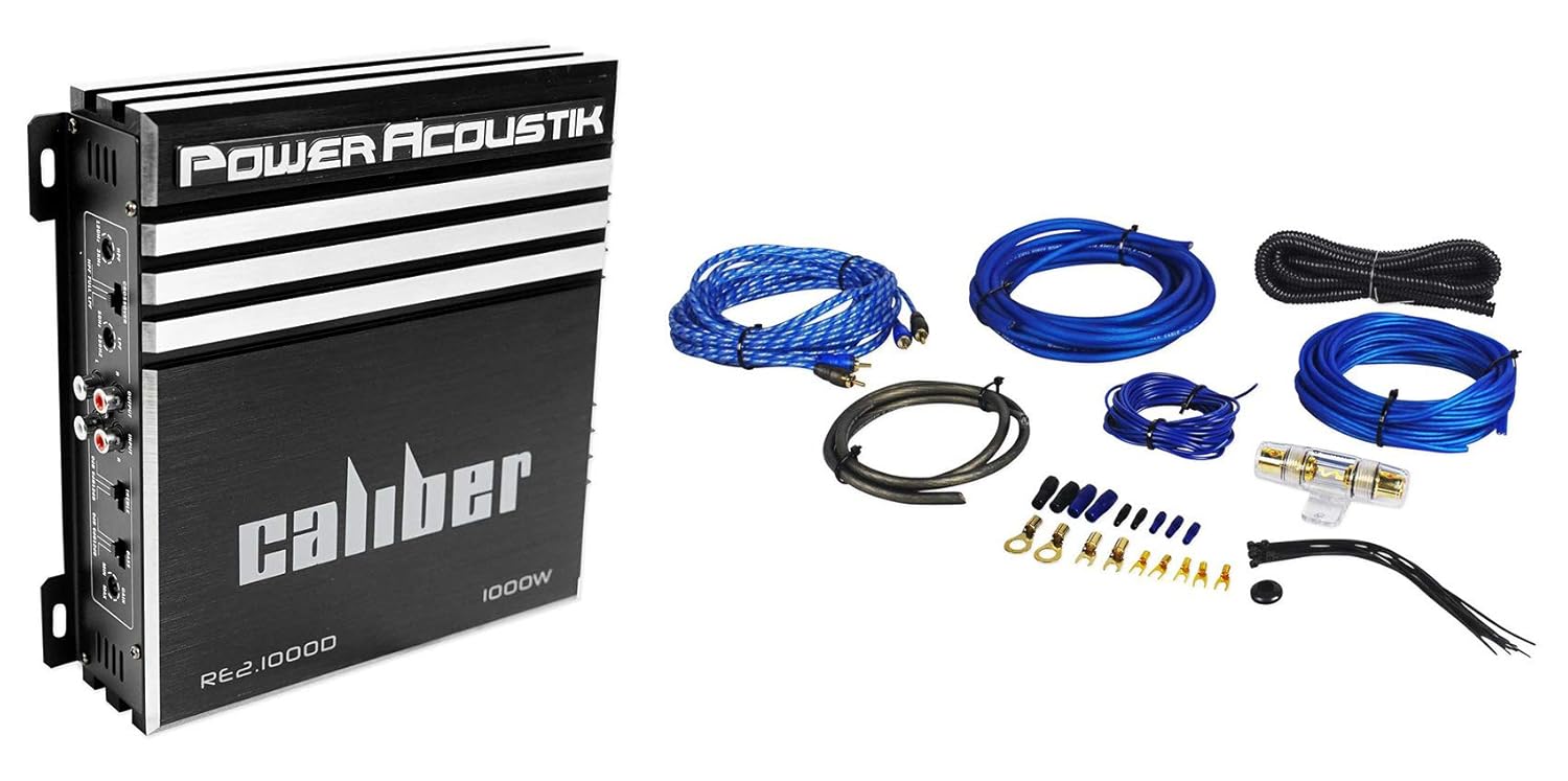 Power Acoustik RE2-1000D 1000 Watt 2-Channel Car Audio Amplifier Bundle with Rockville RWK81 8 Gauge Complete Amp Installation Wire Kit with 100% Copper RCA