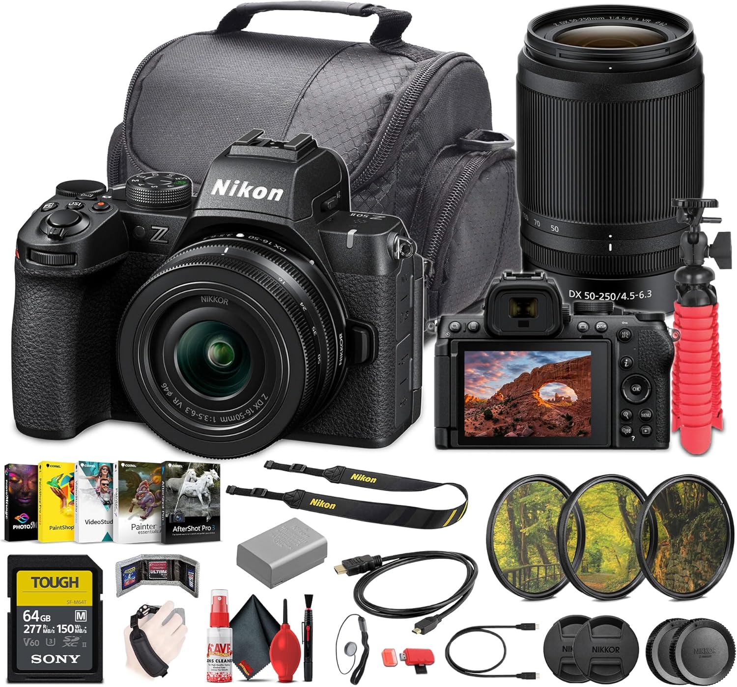 Nikon Z50II Mirrorless Digital Camera with NIKKOR Z DX 16-50mm f/3.5-6.3 & 50-250mm f/4.5-6.3 VR Lenses Bundle with 64GB Memory Card + 6Ave Cleaning kit+ More Vlogging Accessories Kit (Renewed)