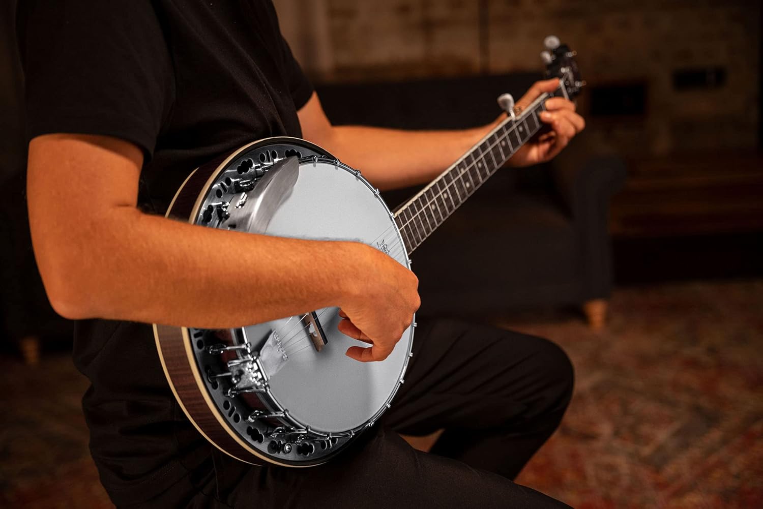 Ortega Guitars Americana Series 5-String Flamed Mahogany Resonator Banjo, Right, Whiskey Burst (OBJ300-WB)