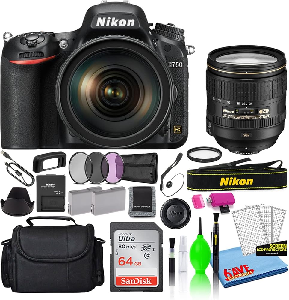 Nikon D750 24.3MP DSLR Digital Camera with 24-120mm VR Lens (1549) Deluxe Bundle with 64GB SD Card + Large Camera Bag + Filter Kit + Spare Battery + Camera Cleaning Kit (Renewed)