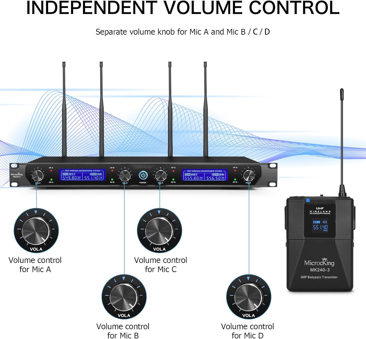 MicrocKing UHF Wireless Microphone System Cordless Lapel/Headset/Lavalier Mic(4 Bodypacks), Fixed Frequency, Long Range 400ft, Ideal for Party Church Conference Speech