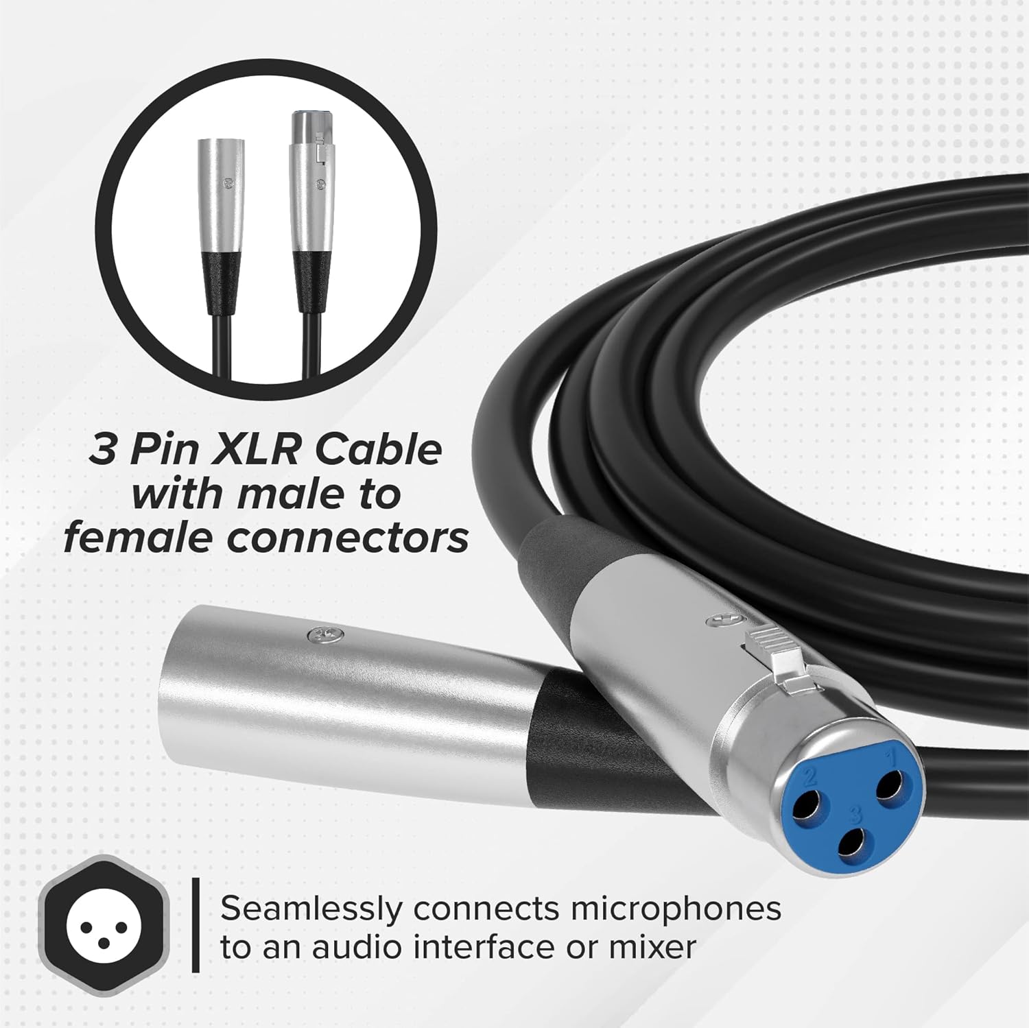 THE CIMPLE CO XLR Male to XLR Female Microphone Extension - 6mm Cable with 3P - 3 Pin Connector - for Mixers, Mic, Audio Consoles - Balanced Cable - 28 AWG - 100 Feet, 3 Pack
