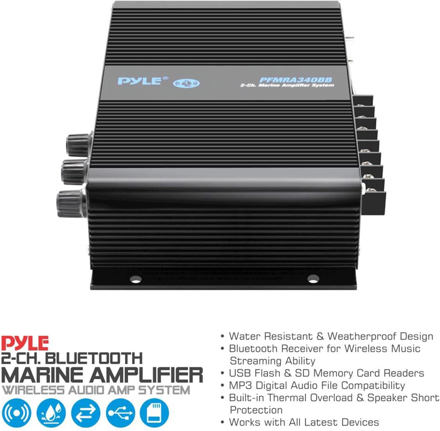 Pyle 2-Channel Bluetooth Audio Marine Amplifier-200 Watt Power Compact Weather Resistant Audio Amp Wireless Receiver System w/MP3,USB,SD Reader,LCD Digital Screen-Pyle(PFMRA340BB.5)