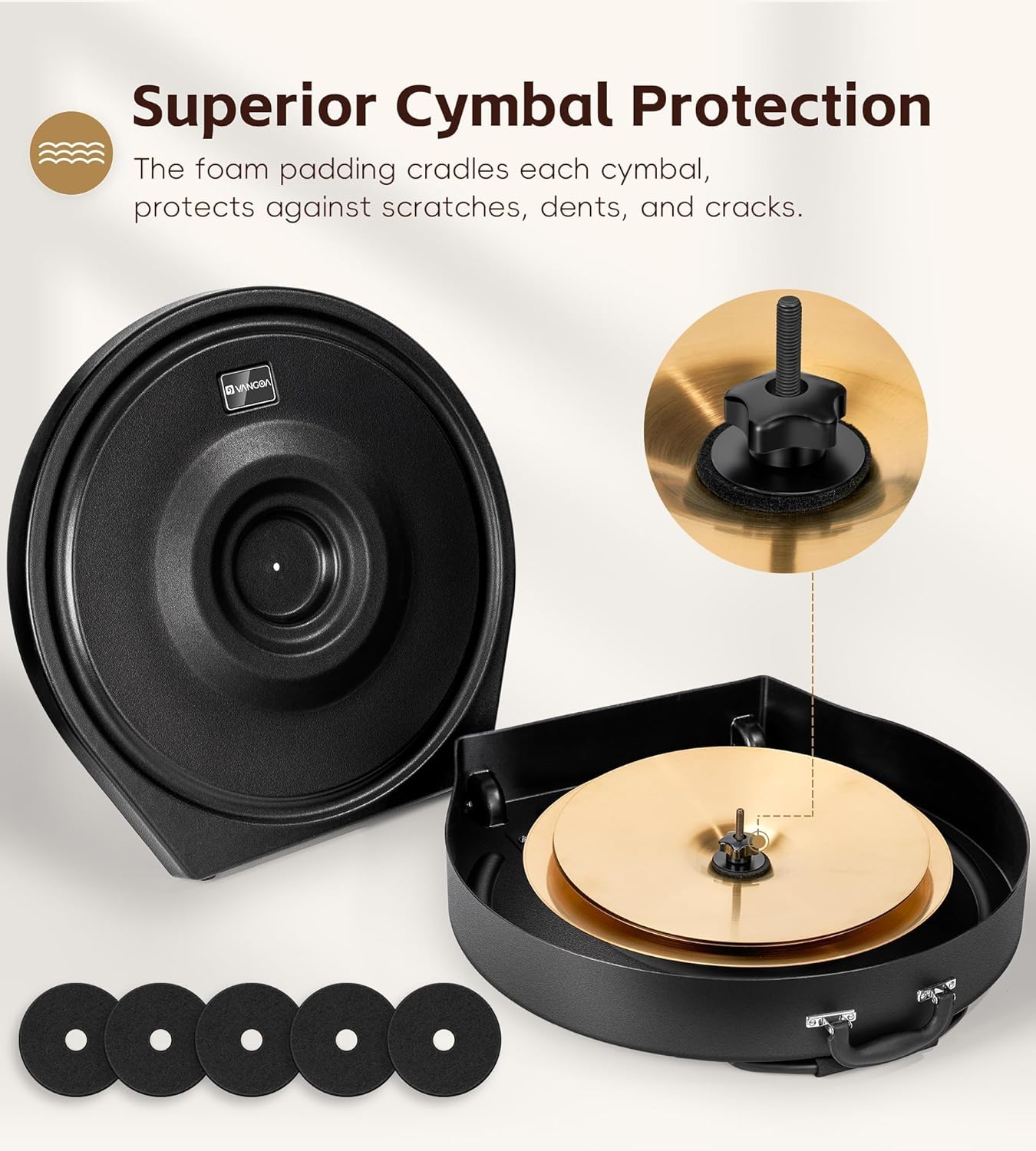 Vangoa Upgrade Hard Cymbal Case with Wheels, Rolling Cymbal Vault with Foam Washers Fits Up to 7 * 22