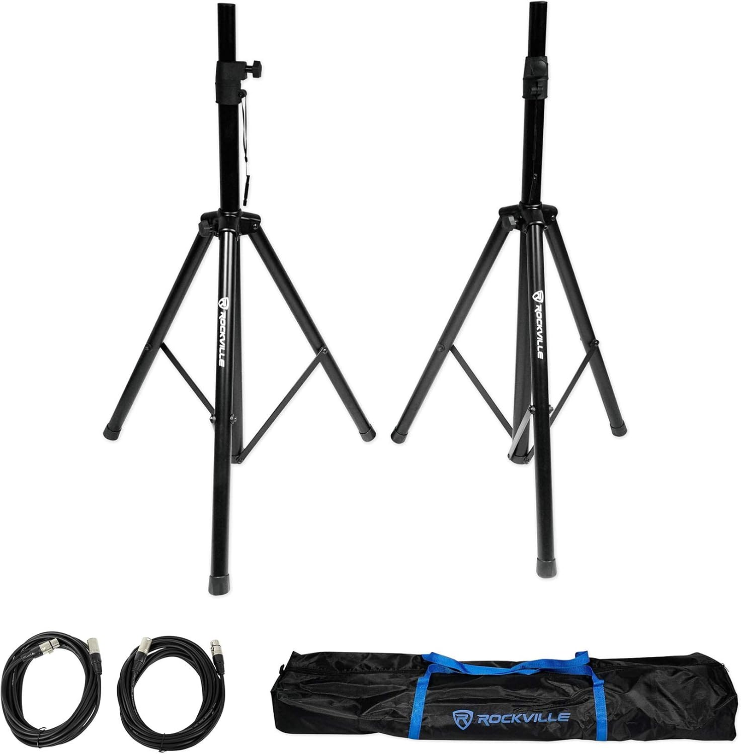 Rockville DX15 Bundle: (2) 2000W Peak / 500W RMS 15-in Class-D Powered Active DJ PA Speakers, (2) Adjustable Tripod Stands, (2) 20 ft XLR Cables, RMC-XLR Metal Handheld Microphone with Cables, 5-items