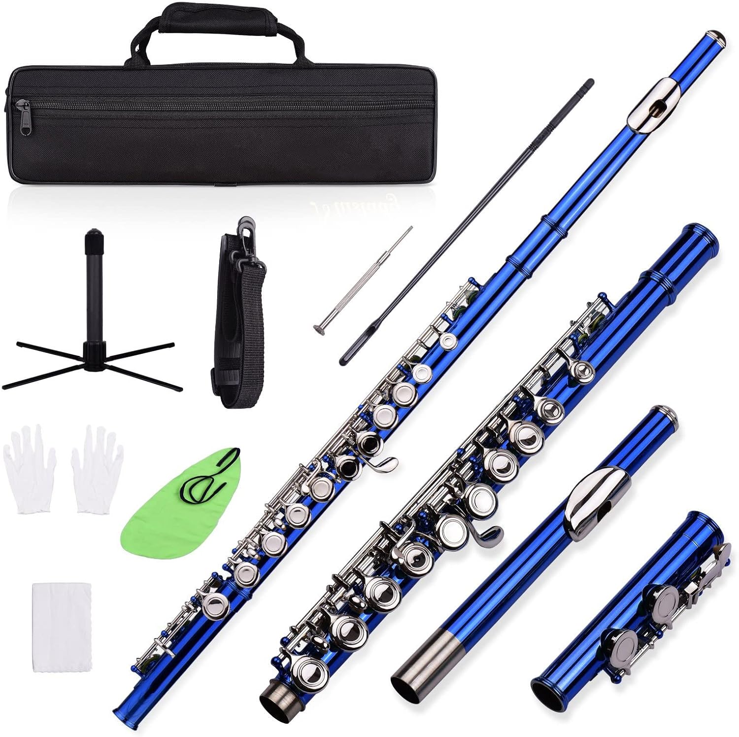 ZUZU Closed Hole C Flute 16 Keys Cupronickel Nickel- Plated Wind Instrument with Carry Case Flute Stand Gloves Cleaning Cloth Beginners Flute (Color : Dark Blue)