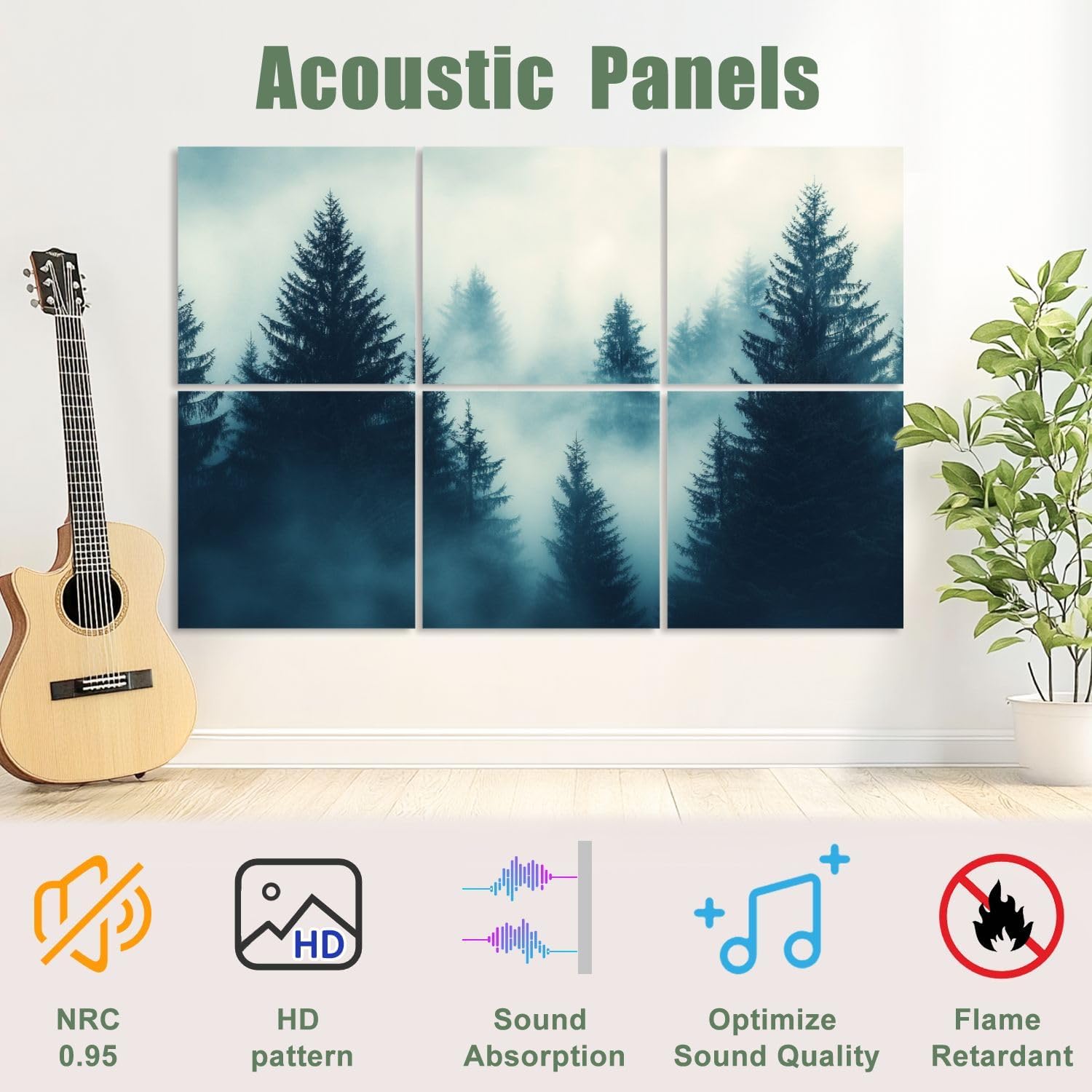 6 Pack Art Acoustic Panels Sound Absorbing Misty Forest Pine Trees Fog Dense Atmosphere Natural Landscape Decorative Soundproof Wall Panels Self Adhesive for Recording Studios Office 72