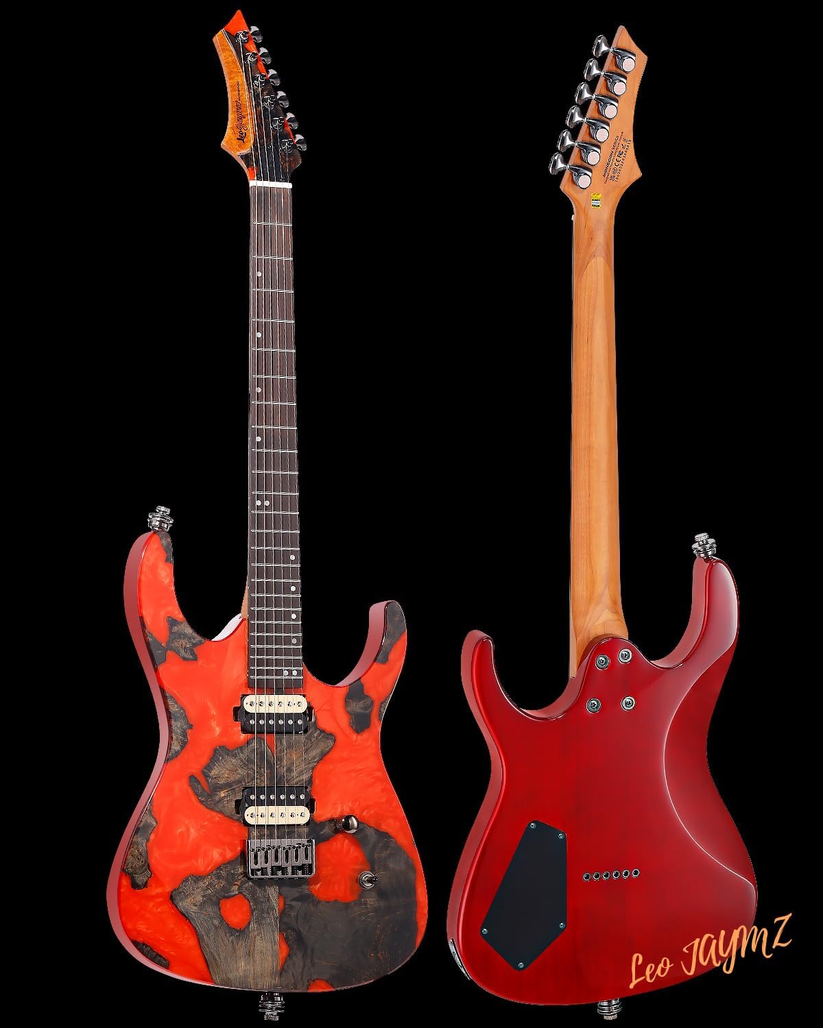 Leo Jaymz Electric Guitar Monsoon Deluxe Series, Reverse Headstock, Burl Top, Mahogany Body, Roasted Maple Neck, Rosewood Fretboard, Case (Red)