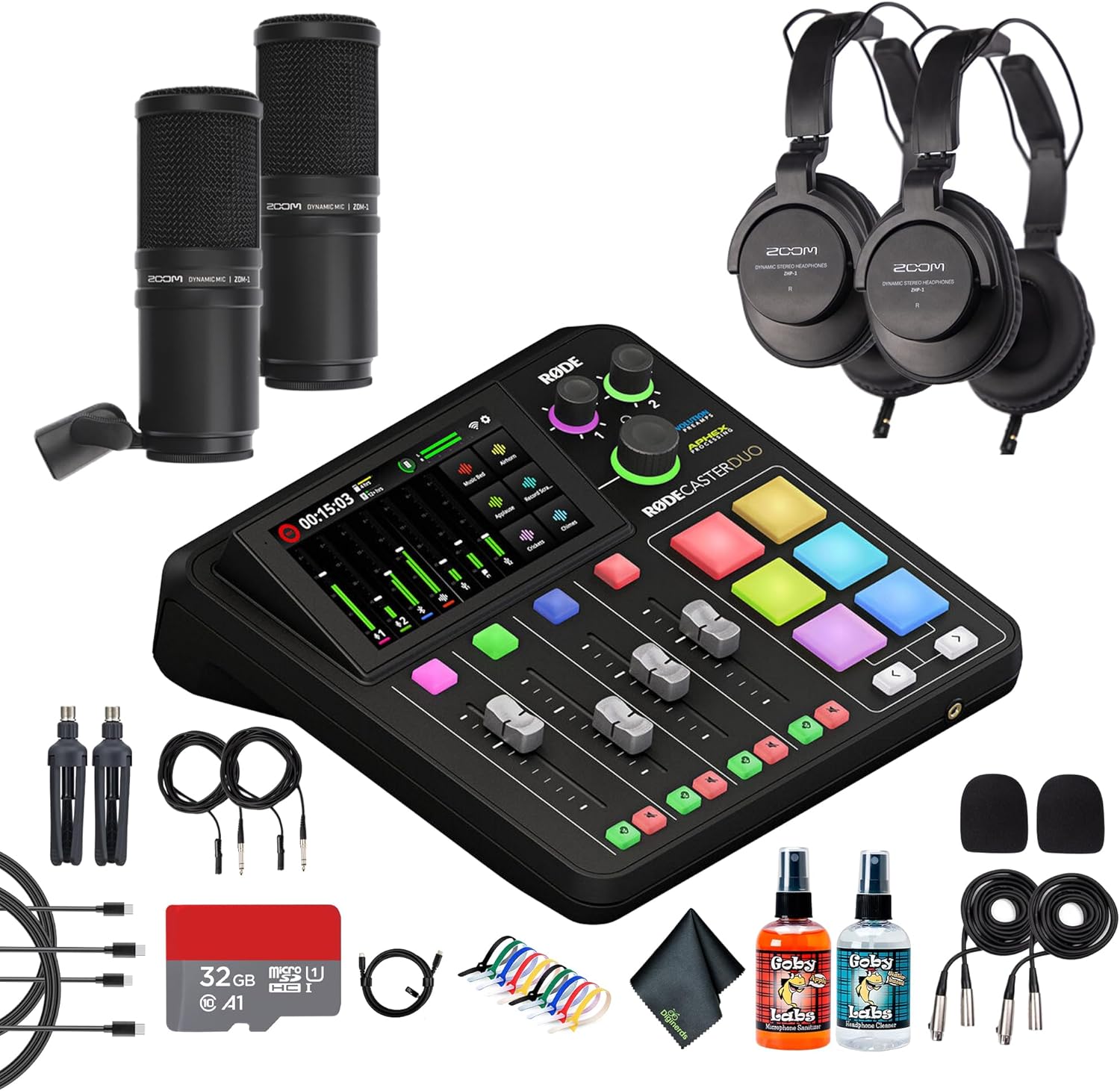 RODE RODECaster Duo Integrated Audio Production Studio | Compact Mixer with Dual USB Interface & Bluetooth | Podcasting & Streaming (RCDUO) + 2x Headphones + 2x Podcast Microphone + 32GB Card + More