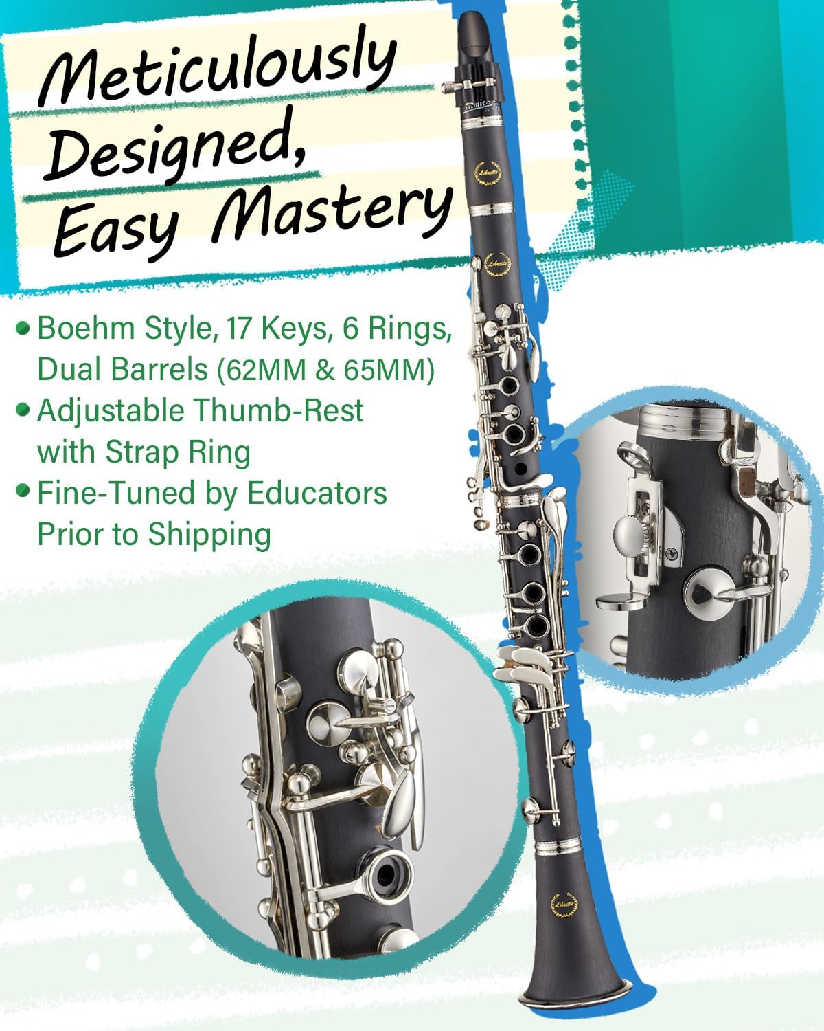 Libretto Bb Clarinet Set for Beginner and Intermediate Players, Name-Brand Mouthpiece & Reeds, Music Stand, Cleaning Kit, Instructions, Backpack Case, 5-Leg Stand, Educator-Recommended