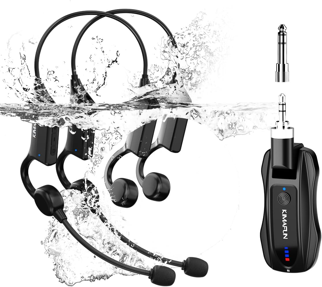 KIMAFUN IP67 Waterproof Wireless Fitness Microphone, 2.4G Lightweight Ergonomic Design Headset Mic Used in Swimming Pool, Fitness Sports, Yoga, Gym, Class, Speaker, Laptop, Tablet for 2 People, GWP92