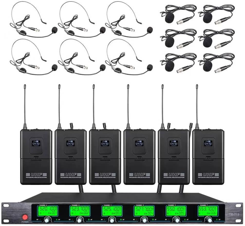 Wireless Microphone System UHF 6 lavalier Microphone Bodypacks Lapel Mic Headsets for Karaoke Wedding Party Meeting School Church Speaking Conference Meeting Classroom 6 Channel