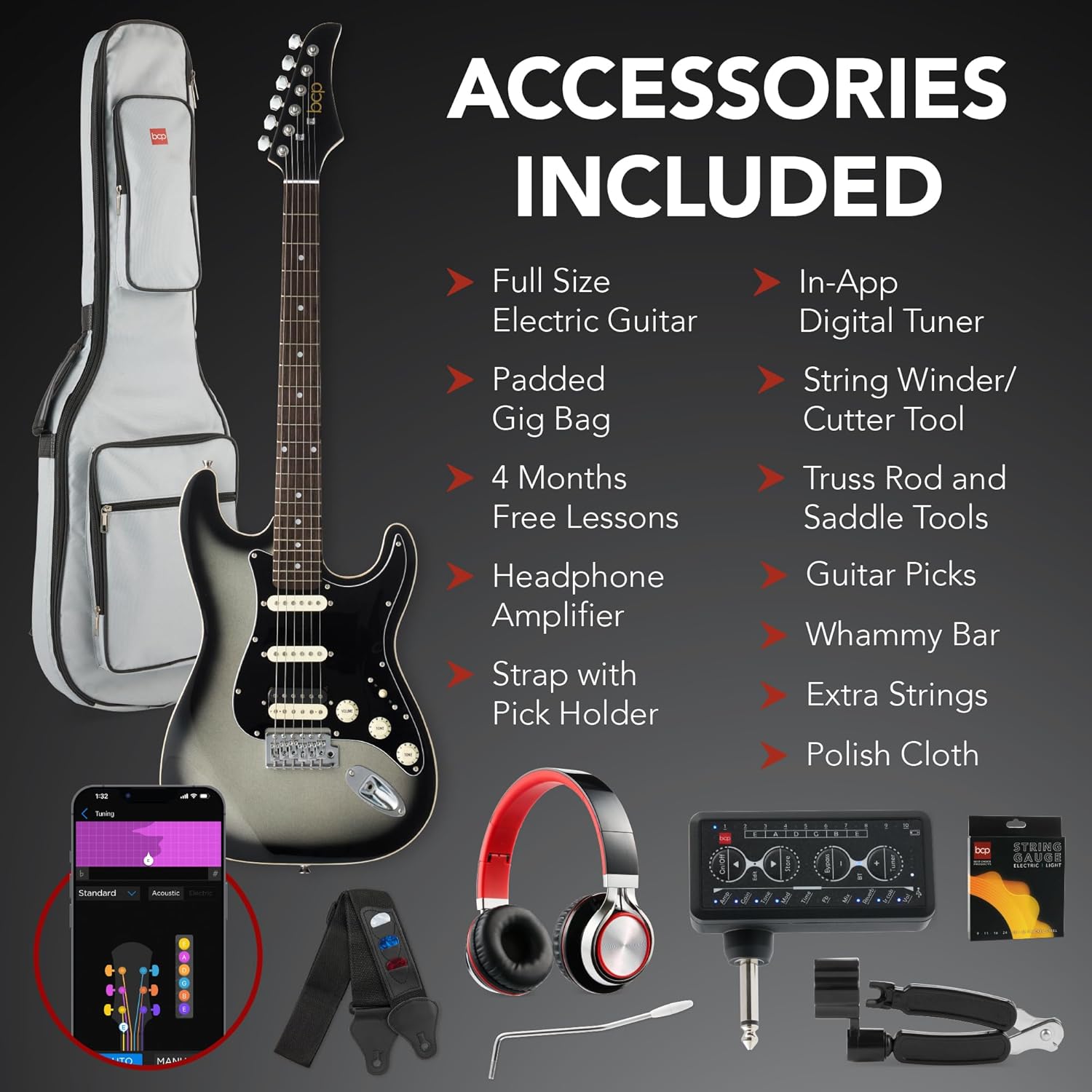 Best Choice Products Beginner HSS Electric Guitar Kit w/Headphone Amp, Padded Gig-Bag, Headphones, Guitar Strap - Silverburst/Black