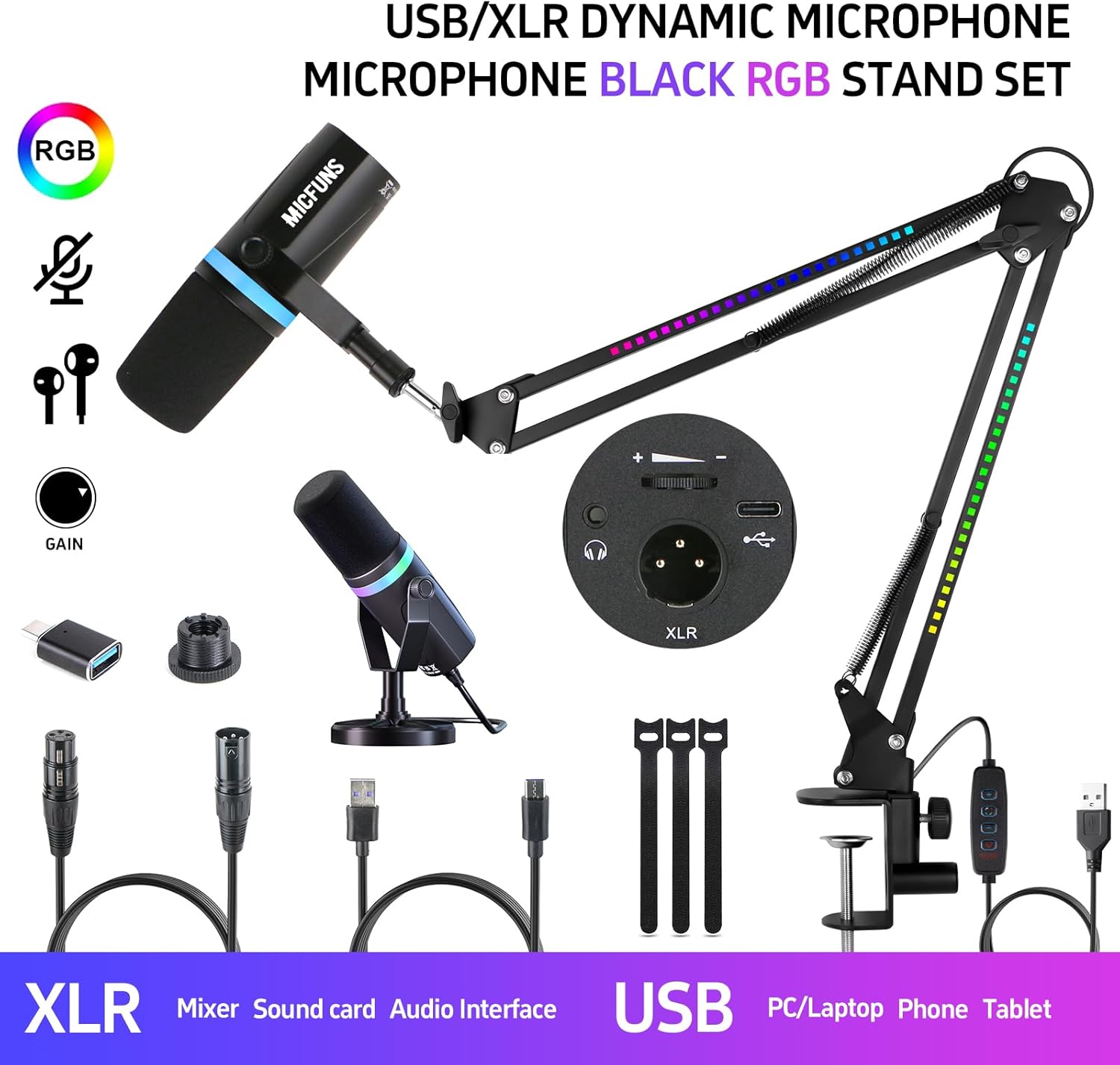 Micufuns Vocal Dynamic Microphone, XLR/USB Podcast Recording PC Microphone,Studio Metal Mic with Mute, Headphone Jack, Monitoring Volume Control,with RGB Microphone Boom arm (M338-A)