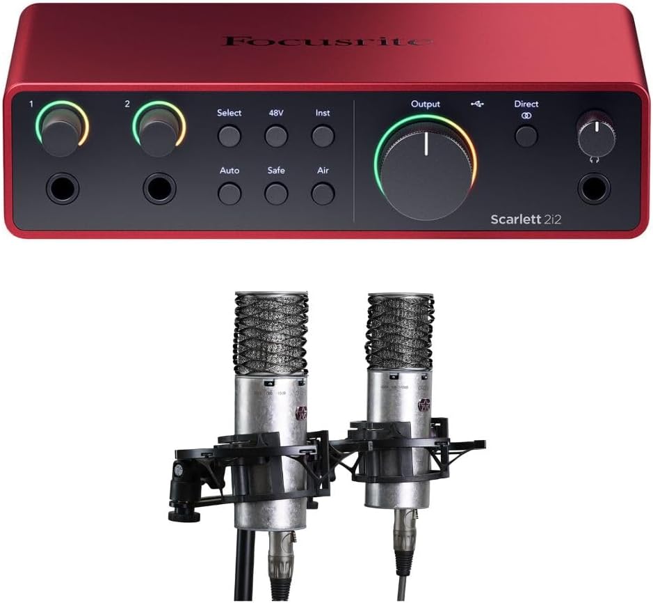Focusrite Scarlett 2i2 Studio Audio Interface + Aston Spirit Stereo Pair Microphones Bundle – USB Recording Kit for Home Studio, Podcasting & Vocal Recording