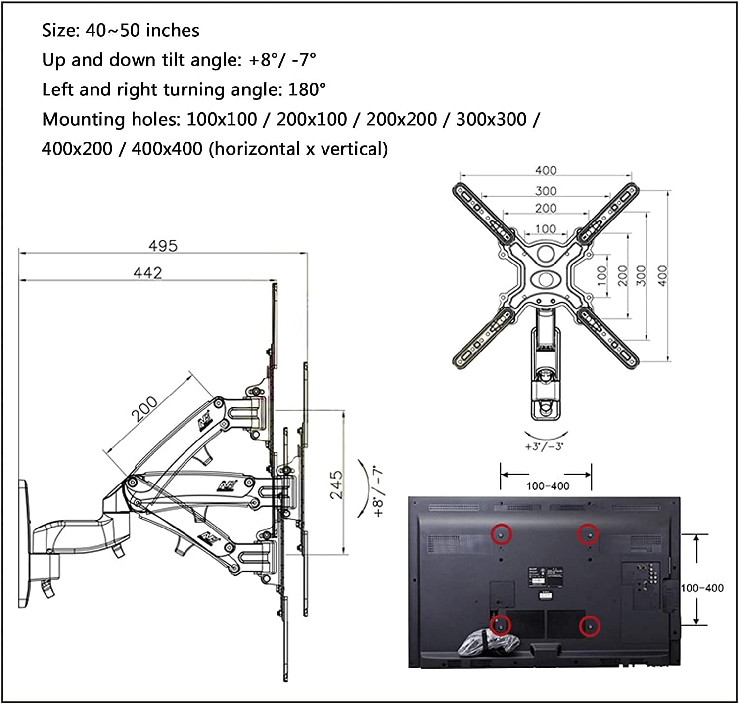 tv mounts Stands Tv Mount, Holds Up to 16kg, Full Motion TV Wall Mount, TV Wall Bracket with Aeroelastic Hovering and Lifting Function, for Most 40-50 Inch Flat&Curved TVs